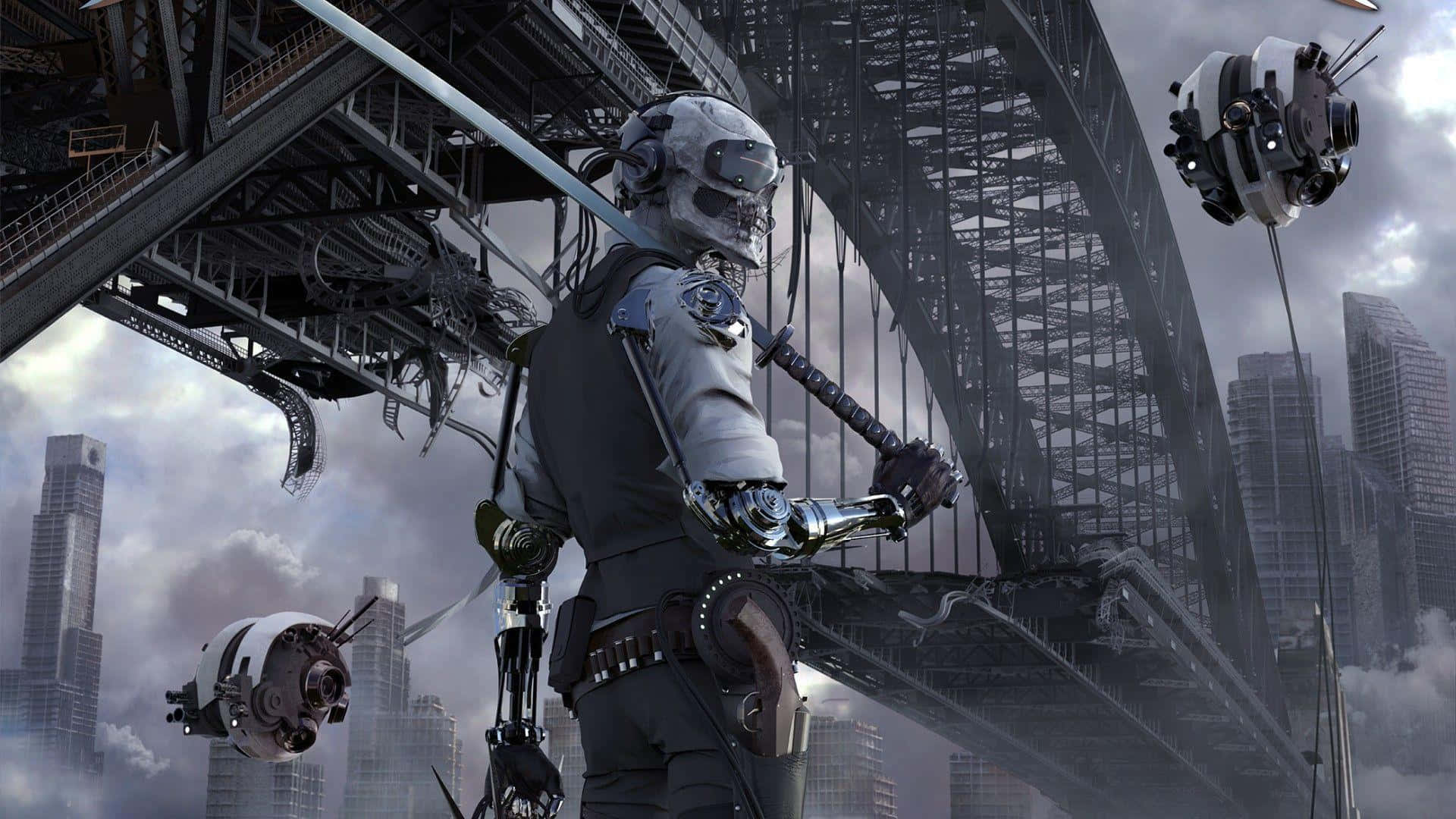 cybernetic warrior, skull helmet, massive steel bridge, Full HD Desktop Wallpaper