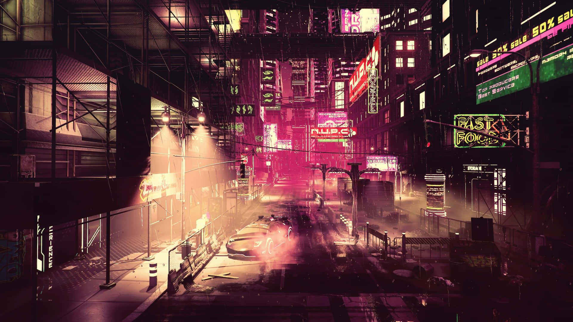 neon-drenched cyberpunk city street, glowing signs, rain-slicked pavement, Full HD Desktop Wallpaper