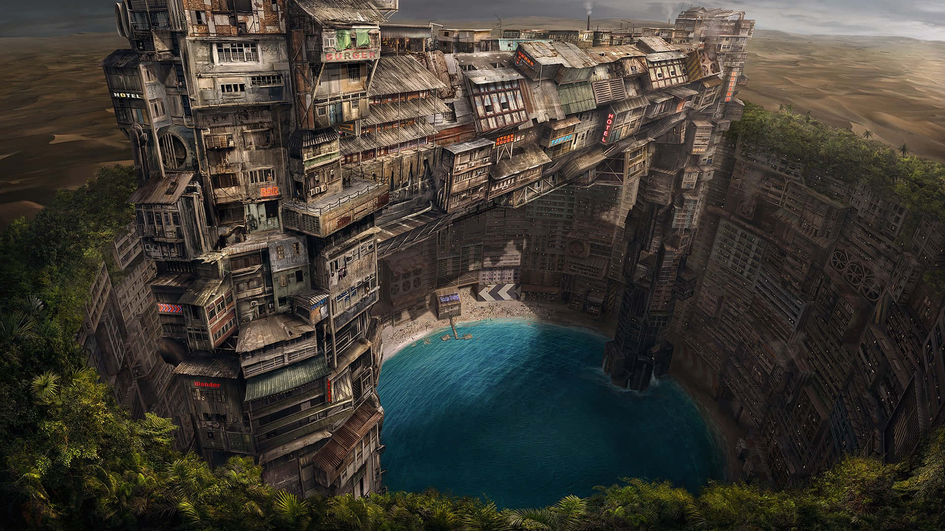 dystopian, cliffside cityscape, turquoise lagoon, Full HD Desktop Wallpaper