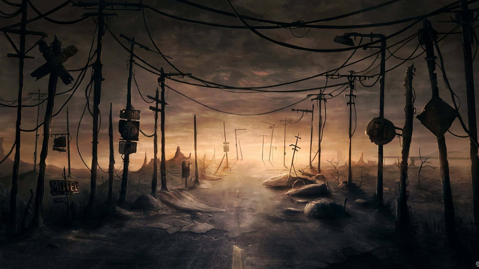 1920 x 1080, post-apocalyptic road, broken utility poles, Full HD Desktop Wallpaper