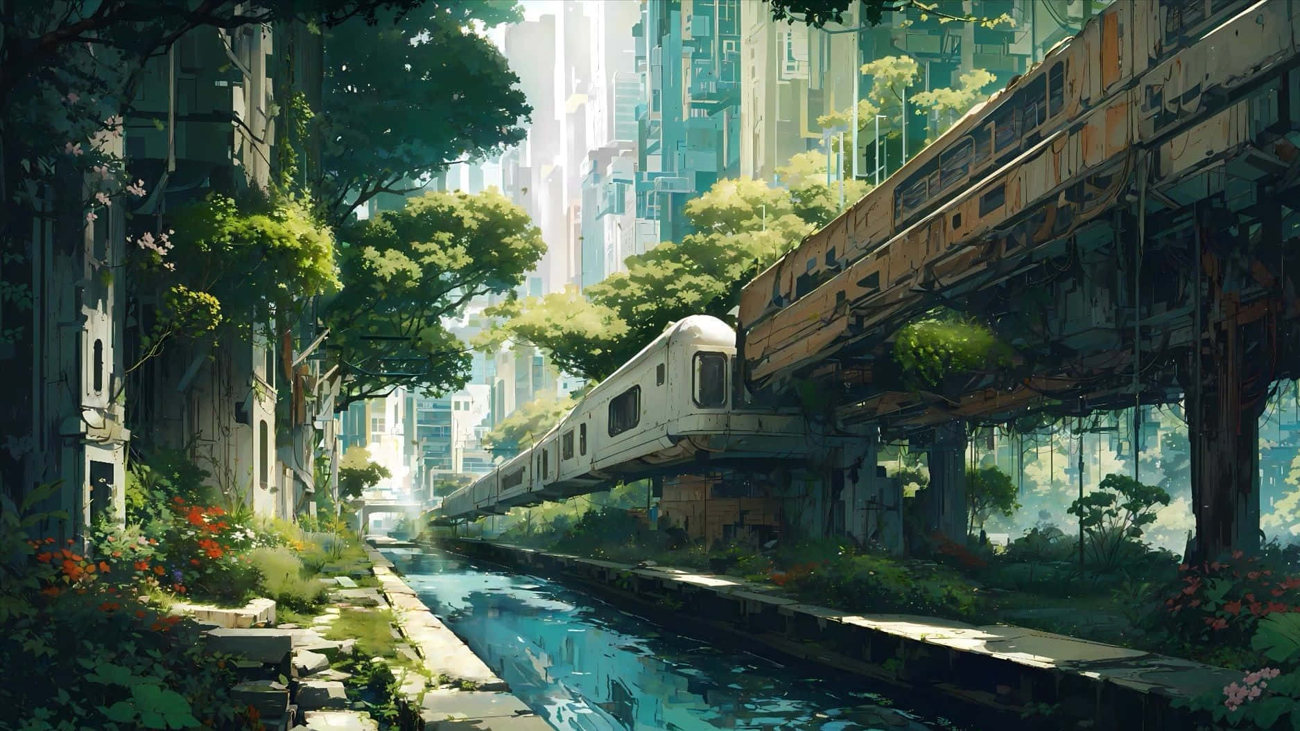 futuristic train, elevated track, lush overgrown cityscape, HD Desktop Wallpaper
