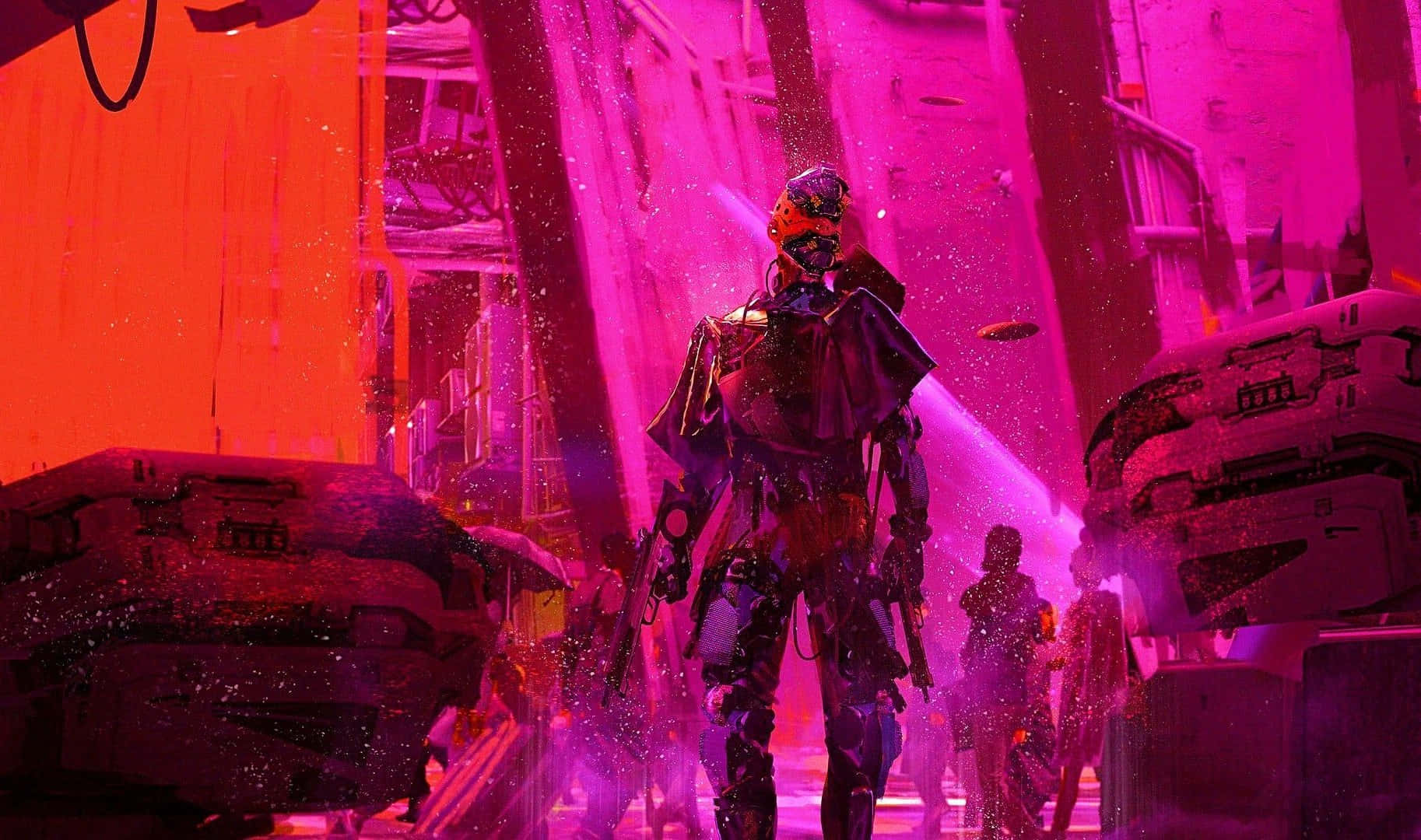 neon-drenched cyberpunk alleyway, glowing pink and orange lights, lone armored figure, HD Desktop Wallpaper