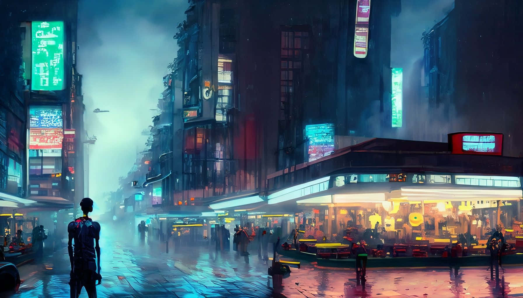 dystopian cityscape, nighttime, rain-slicked neon-lit cyberpunk street, HD Desktop Wallpaper