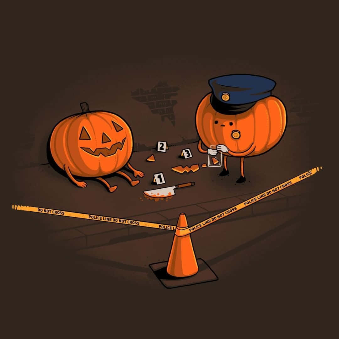 cartoon pumpkin detective, fallen jack-o-lantern victim, crime scene, SD Desktop Wallpaper