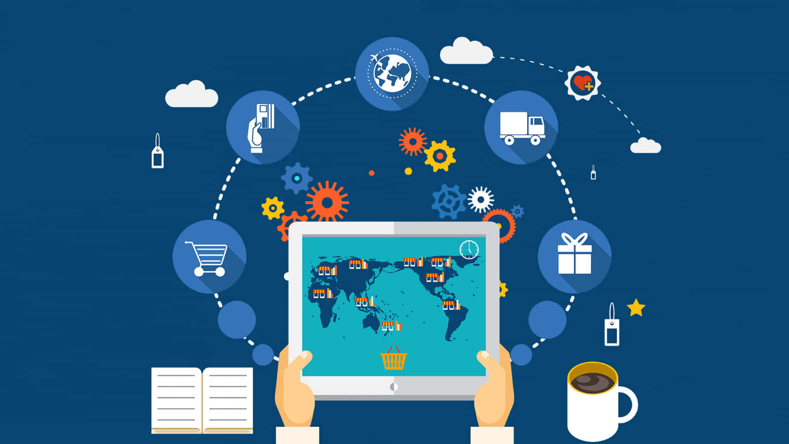 e commerce, tablet, world map, HD Desktop Wallpaper