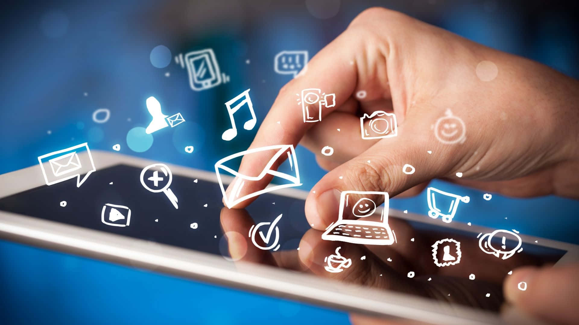 E-Commerce, smartphone, blue bokeh background, Full HD Desktop Wallpaper