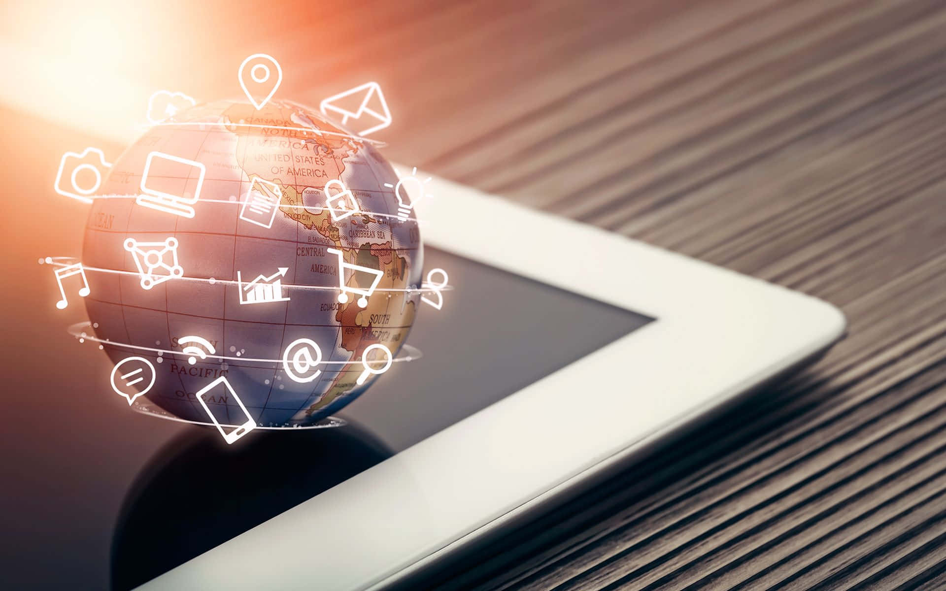 E-Commerce, glowing globe, digital icons, Full HD Desktop Wallpaper