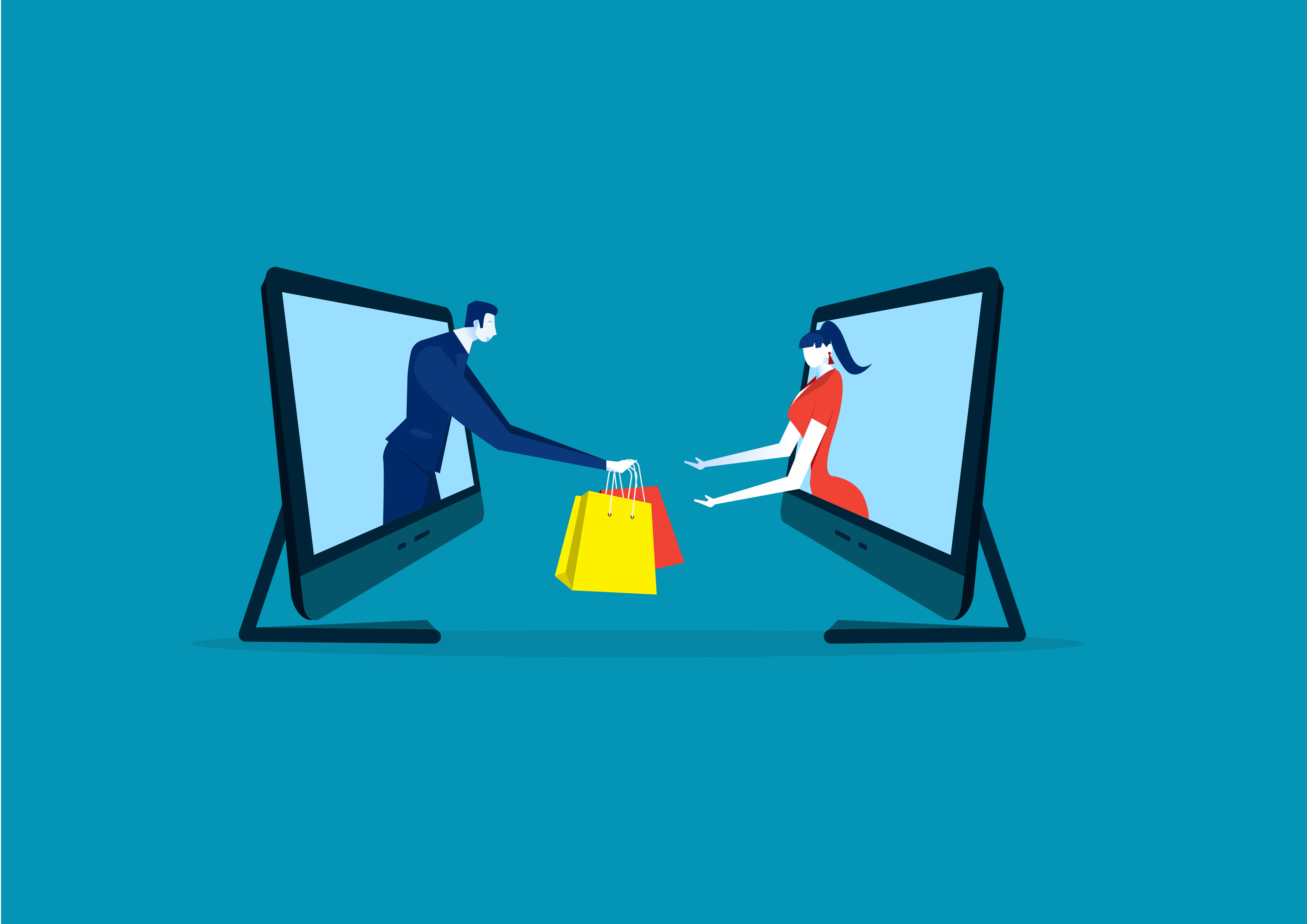 e commerce, computer monitors, colorful shopping bags, 5K Desktop Wallpaper