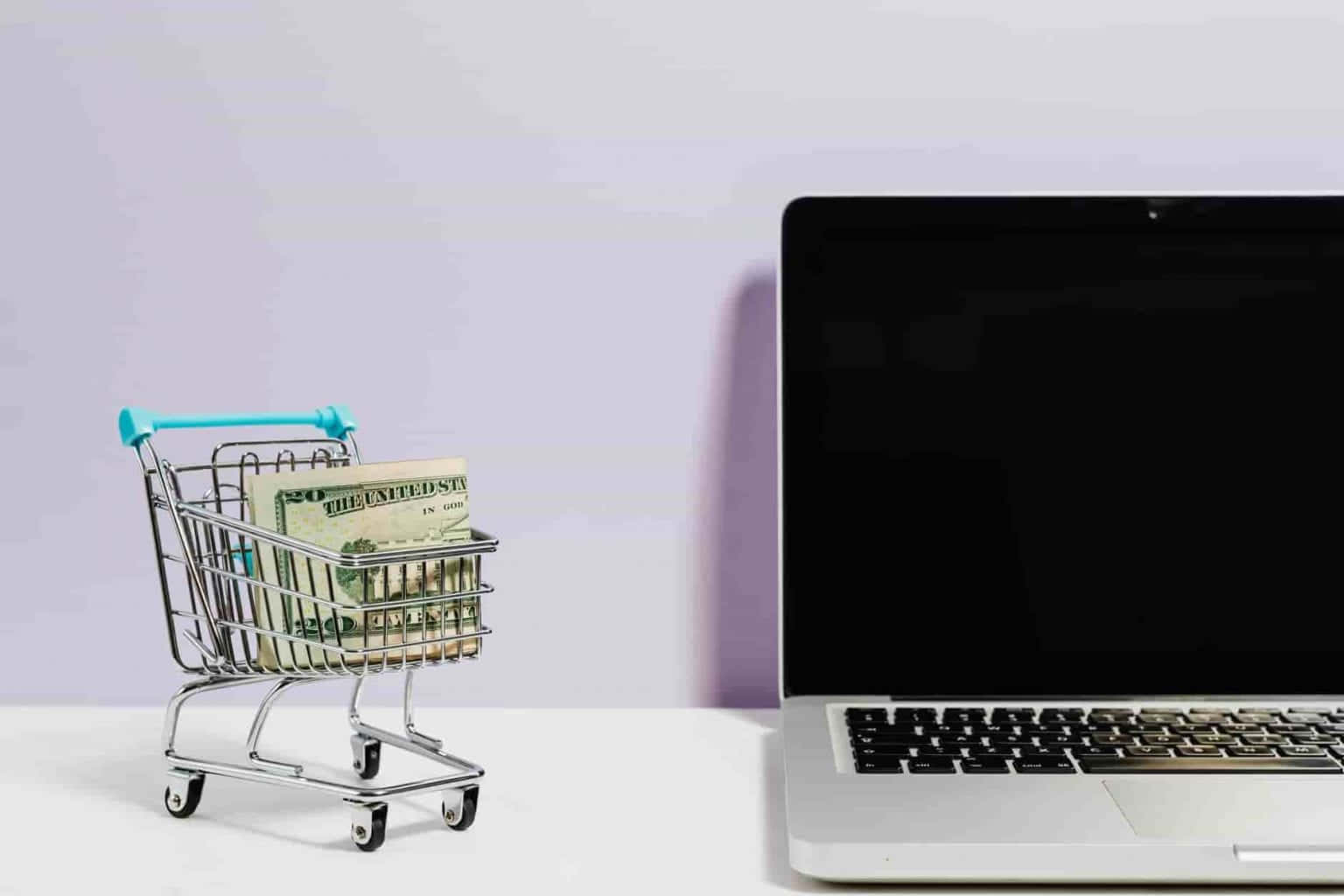 e commerce, miniature shopping cart, US dollar bills, HD Desktop Wallpaper