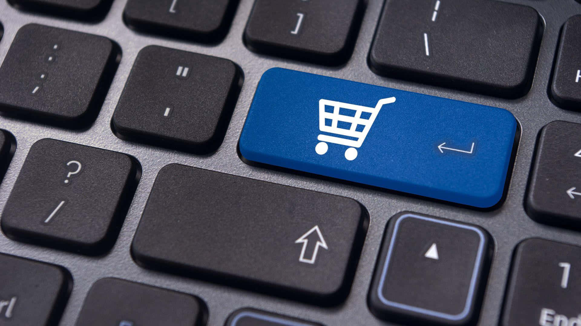 blue shopping cart icon, black keyboard, close-up, Full HD Desktop Wallpaper