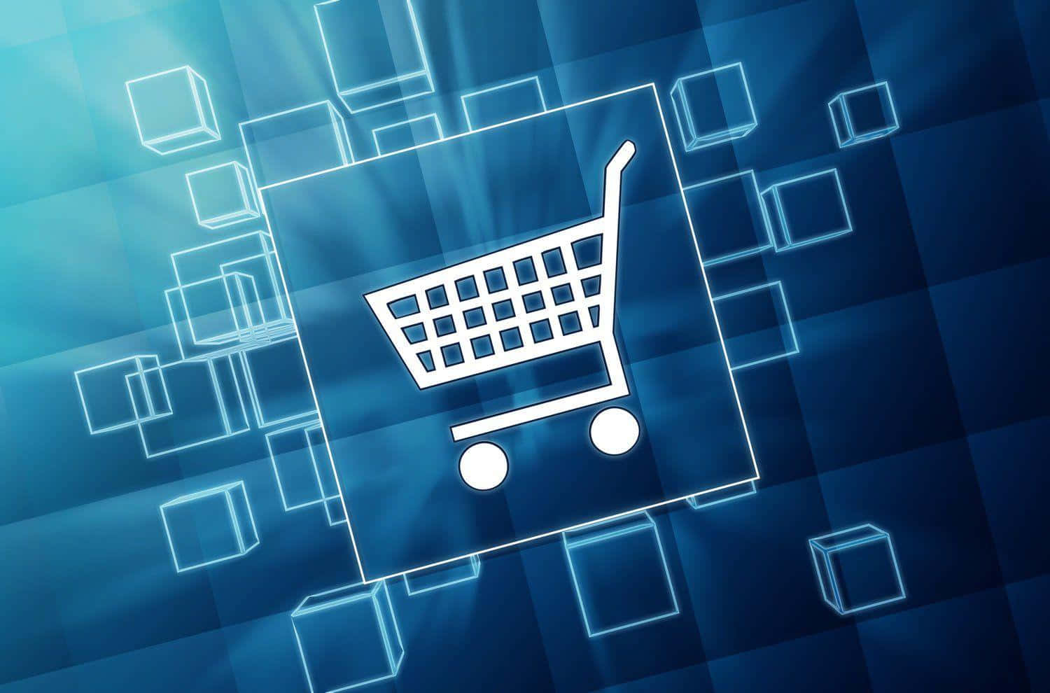 E-Commerce, glowing white shopping cart icon, floating blue cubes, HD Desktop Wallpaper