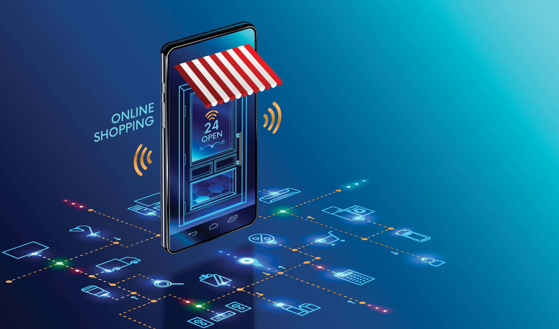 E Commerce, smartphone, red and white striped awning, HD Desktop Wallpaper