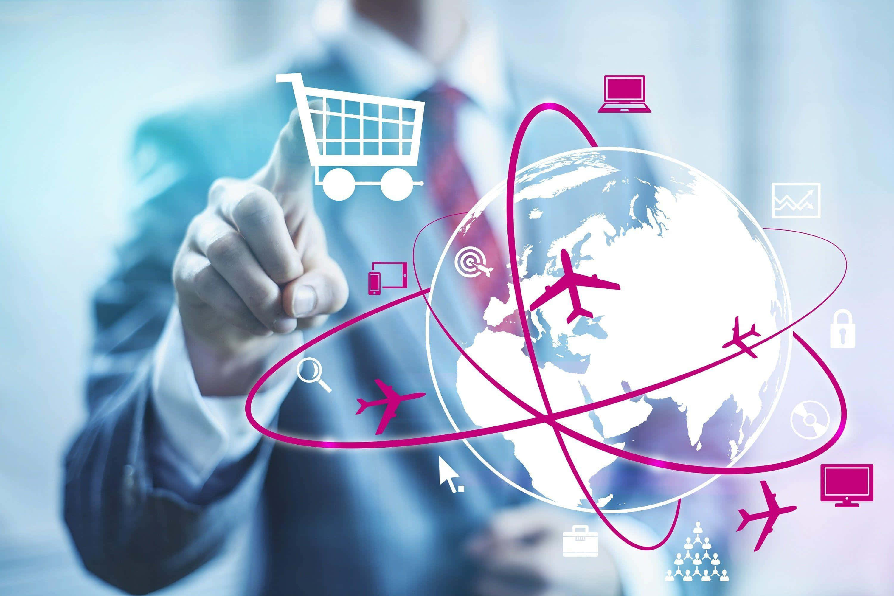 E Commerce, glowing globe, pink digital icons, 2K Desktop Wallpaper