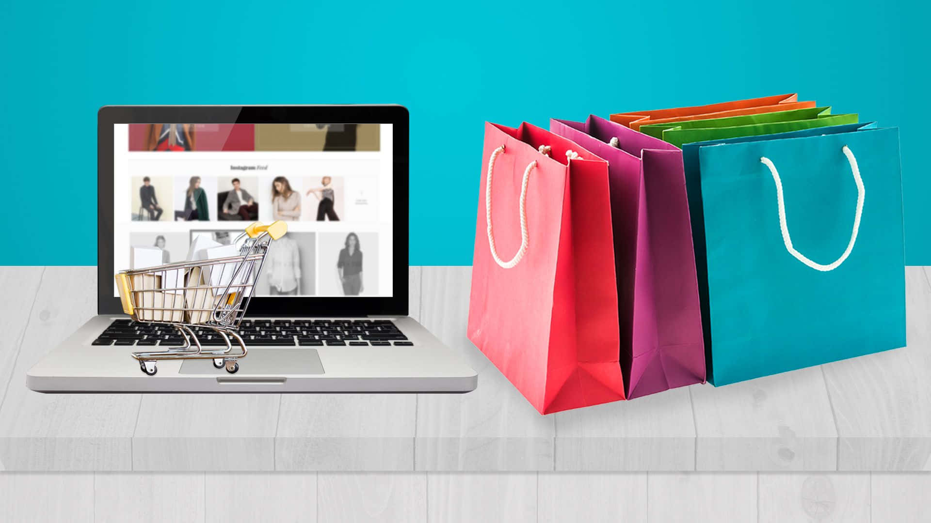 laptop, online shopping site, miniature shopping cart, Full HD Desktop Wallpaper