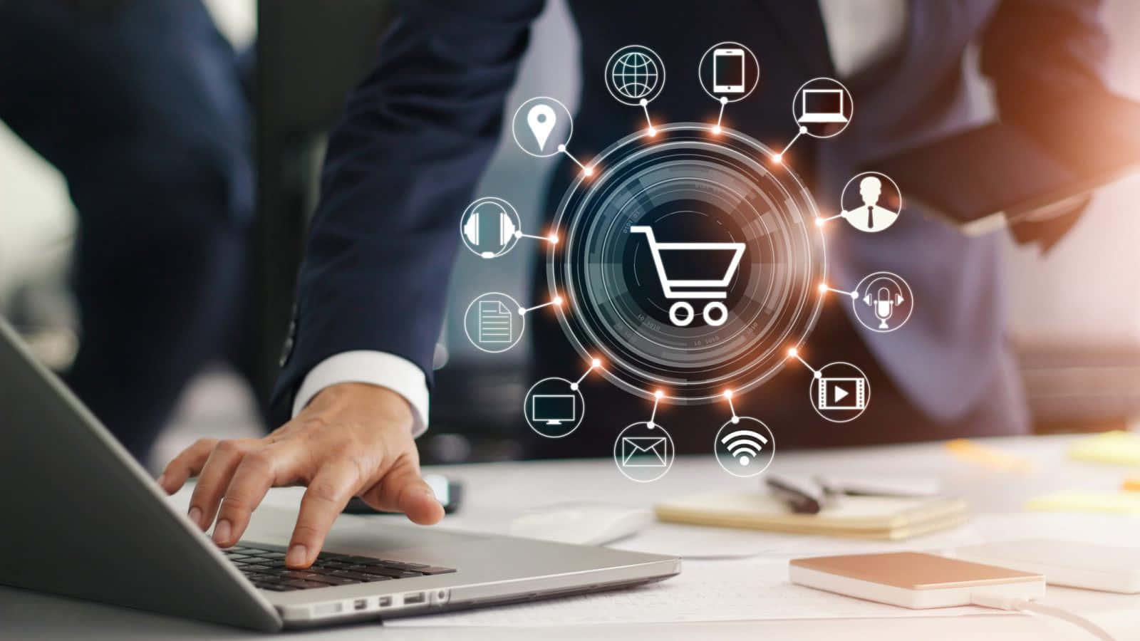 laptop, glowing holographic shopping cart icon, e-commerce symbols, HD Desktop Wallpaper