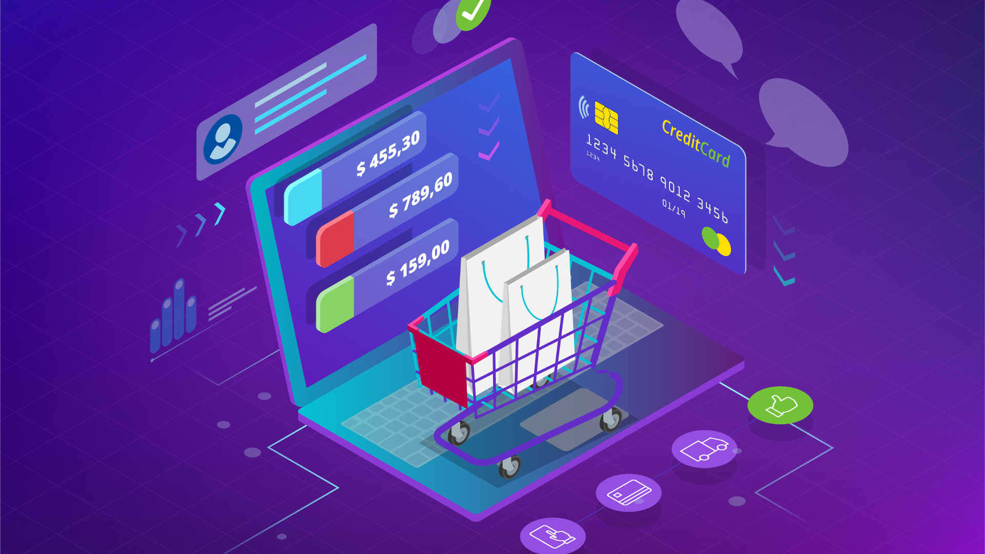 E Commerce, isometric illustration, open laptop, Full HD Desktop Wallpaper