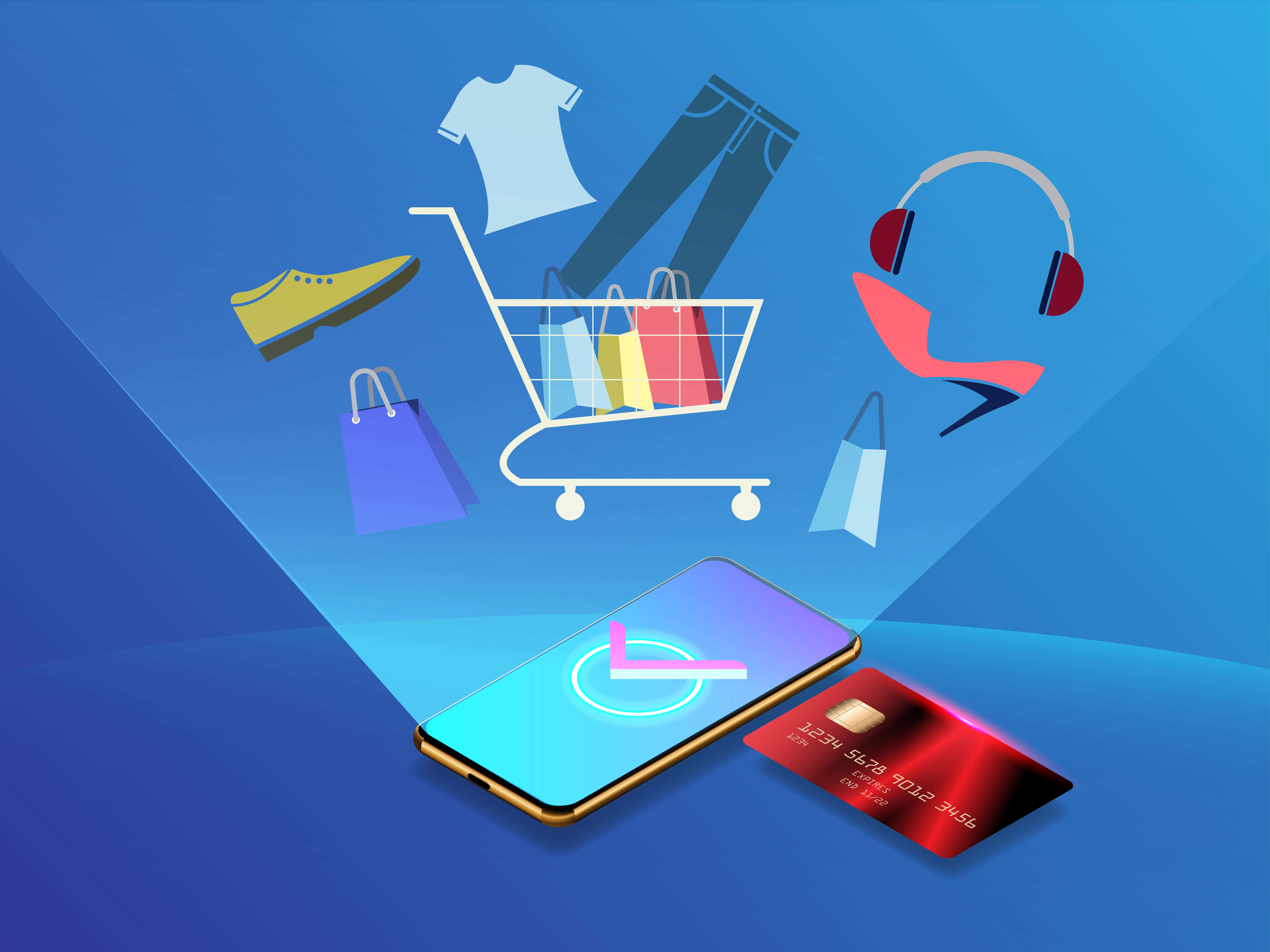 E-Commerce, smartphone, credit card, 5K Desktop Wallpaper