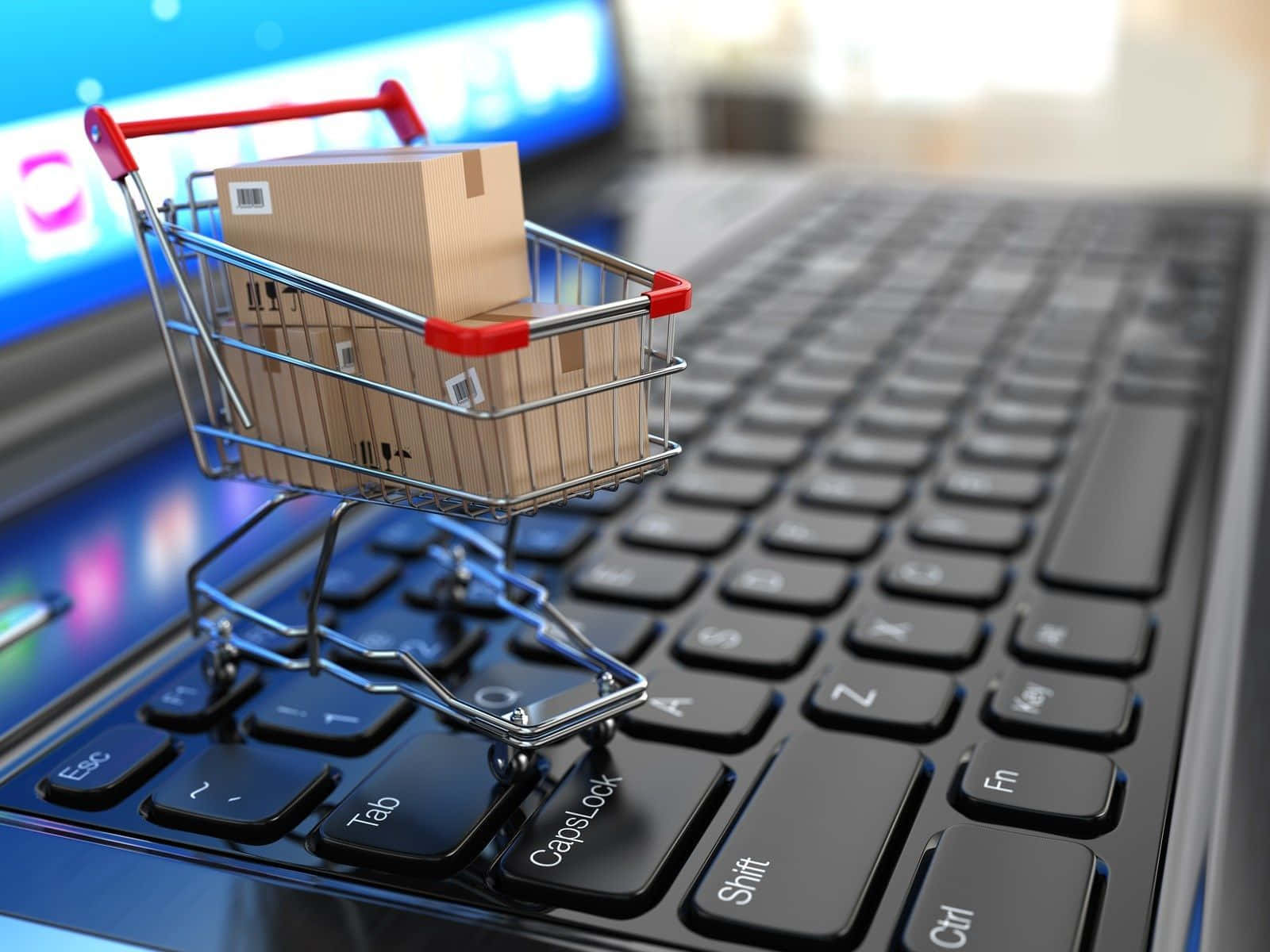 laptop keyboard, glowing screen, miniature shopping cart, HD Desktop Wallpaper