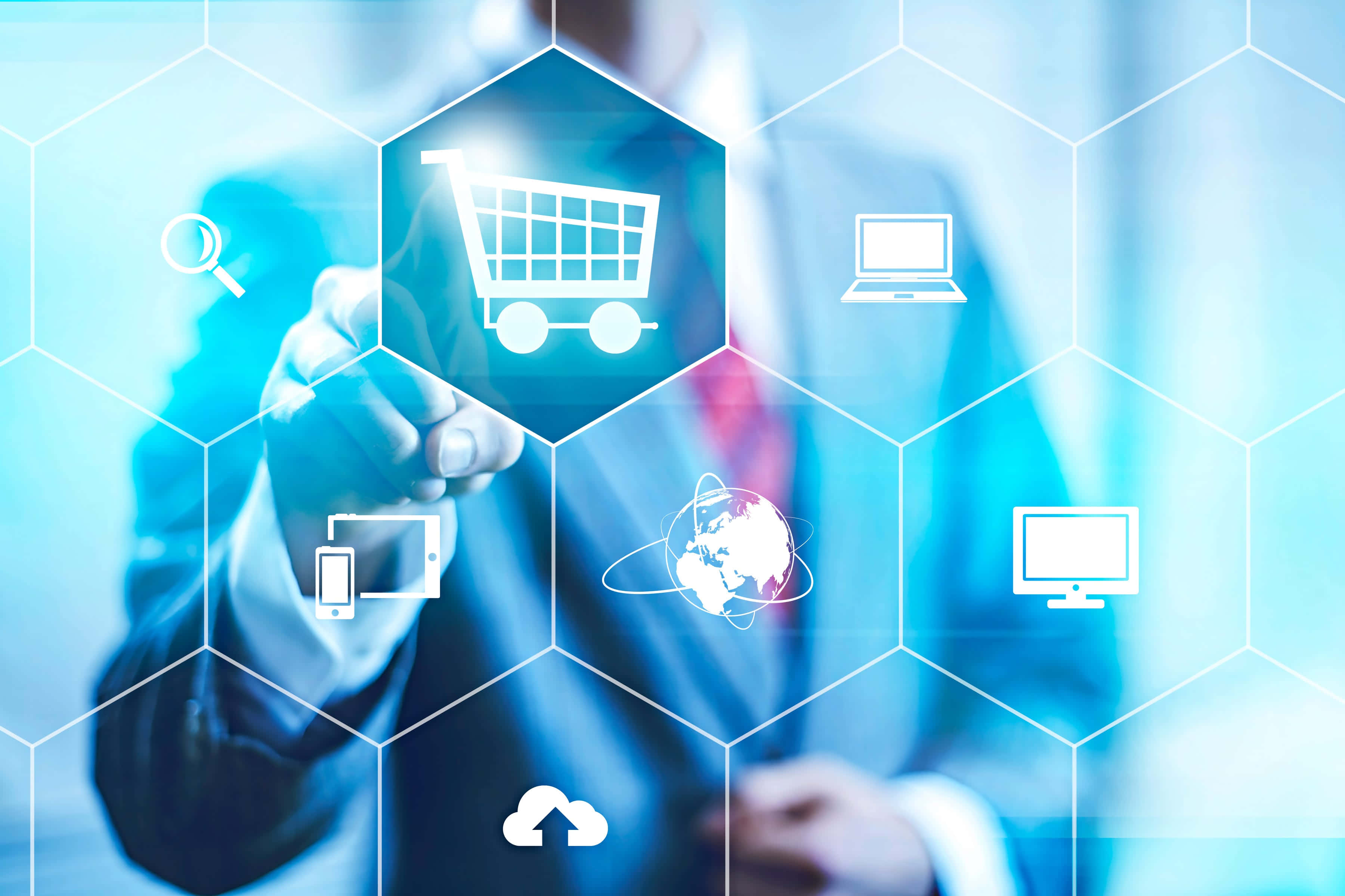 E Commerce, glowing hexagonal shopping cart icon, digital interface, 2K Desktop Wallpaper