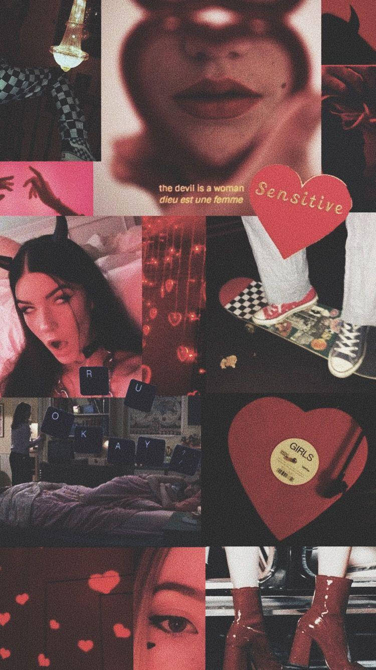 red and black e girl aesthetic, devil horns, hearts, HD Phone Wallpaper