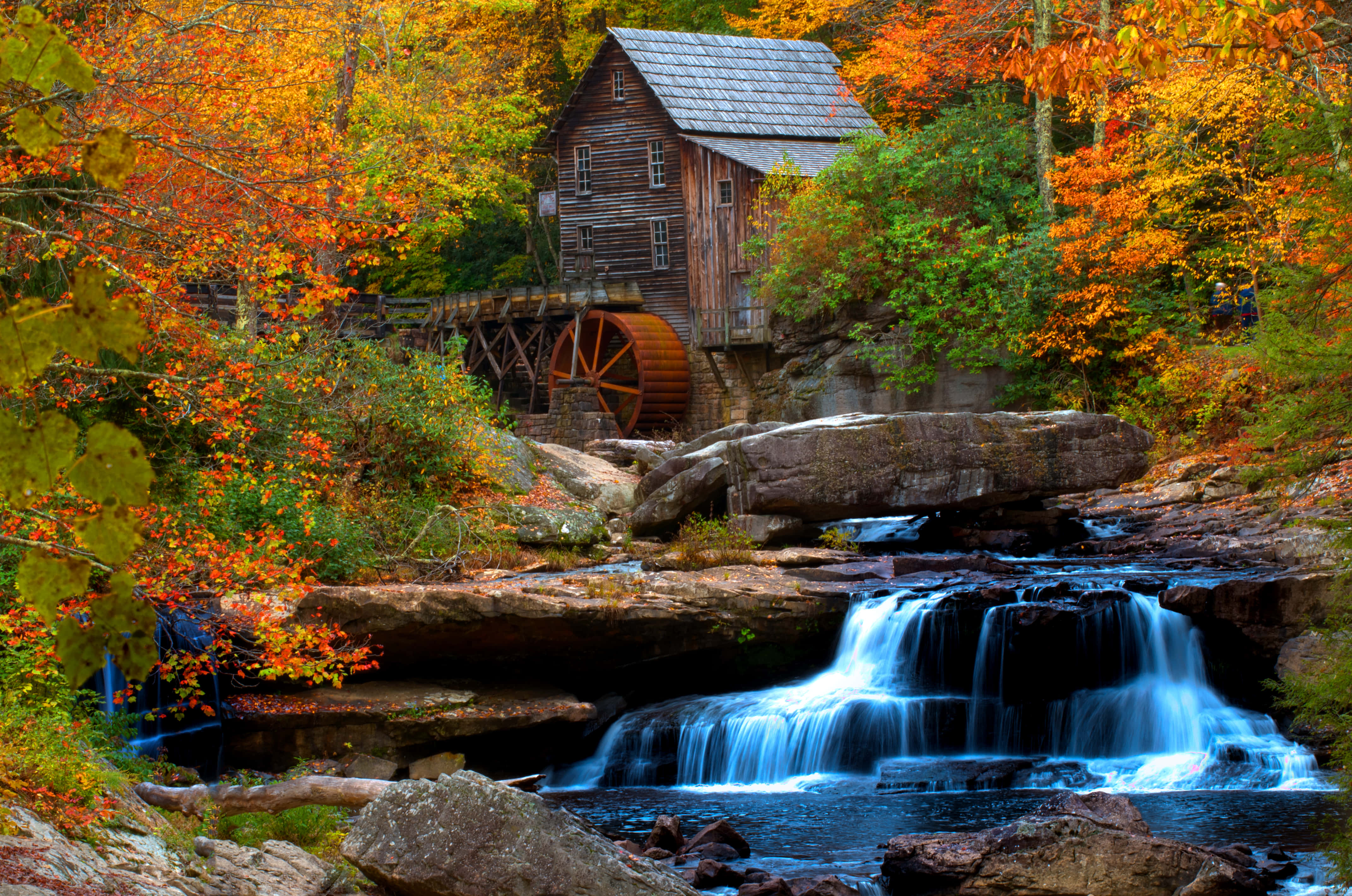 rustic wooden watermill, large wheel, cascading waterfall, 4K Desktop Wallpaper