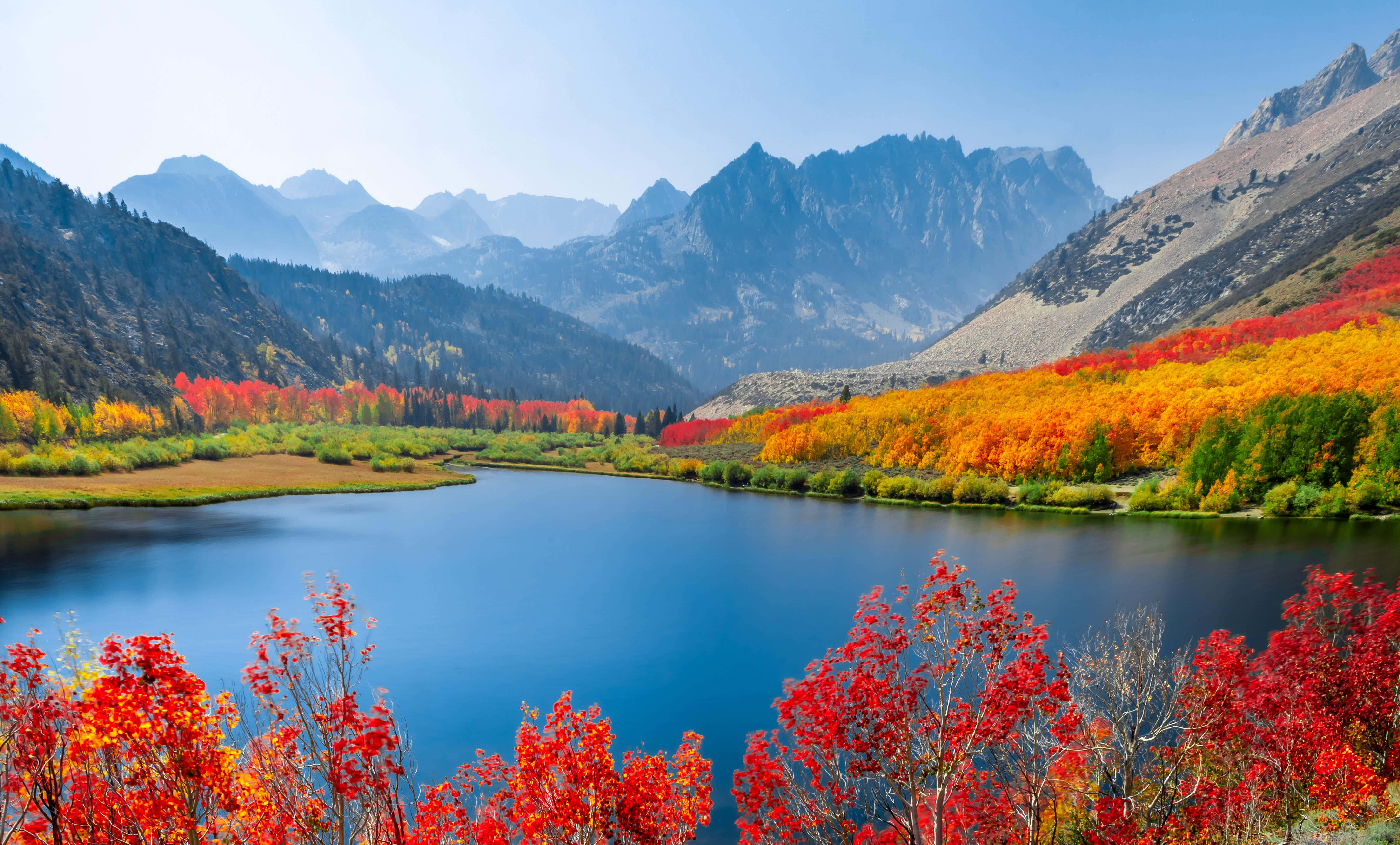 Early Fall, mountain lake, vibrant autumn foliage, 5K Desktop Wallpaper