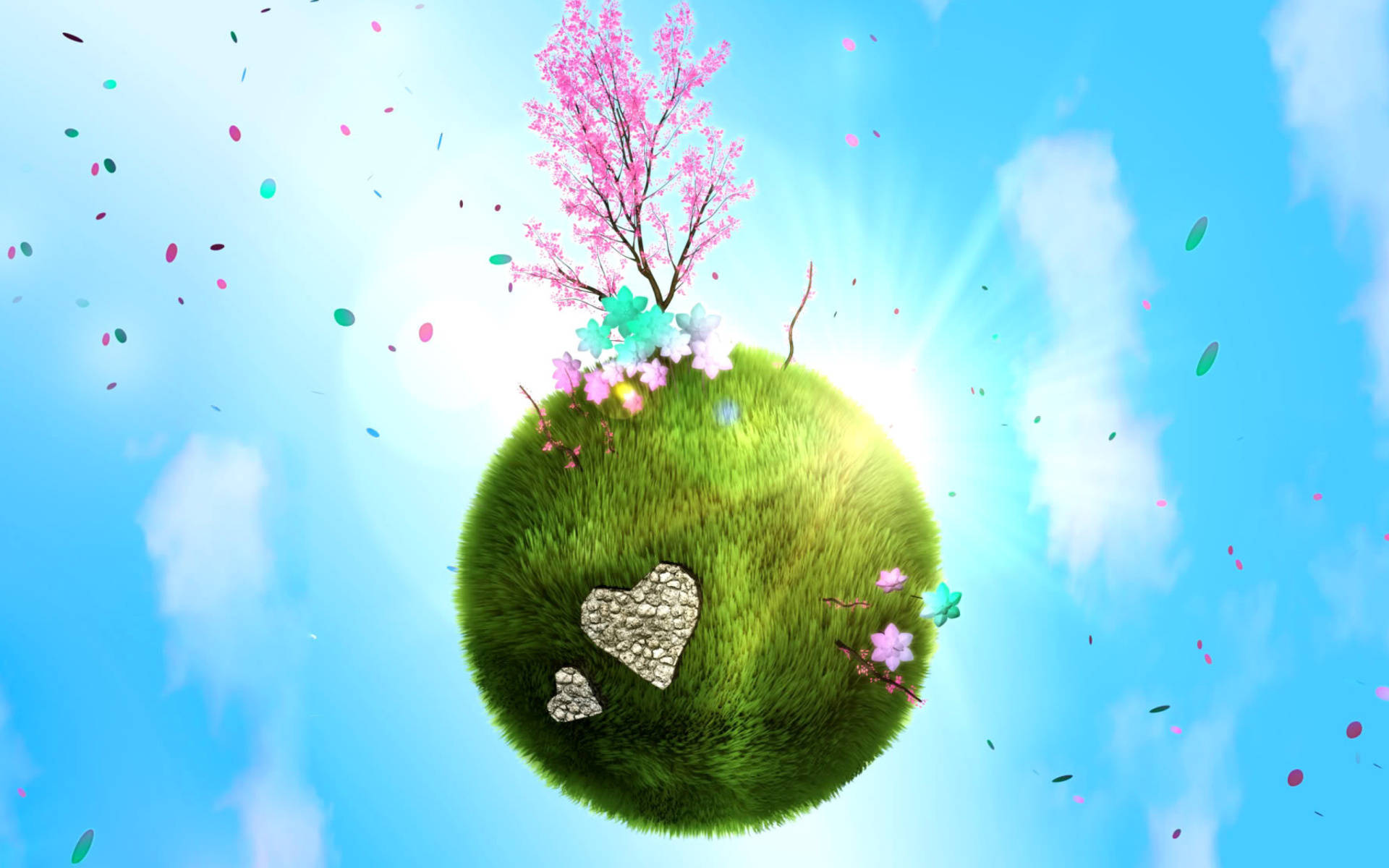 Earth Day, cherry blossoms, vibrant green globe, Full HD Desktop Wallpaper