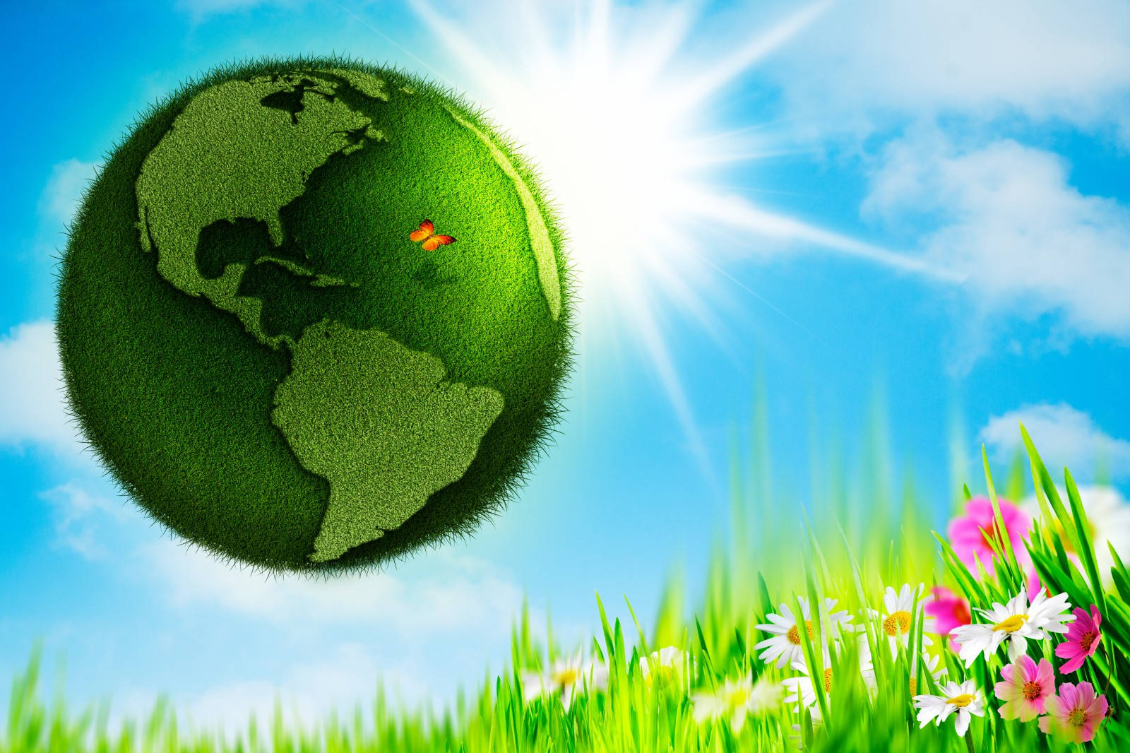 lush green, globe, bright sun, HD Desktop Wallpaper