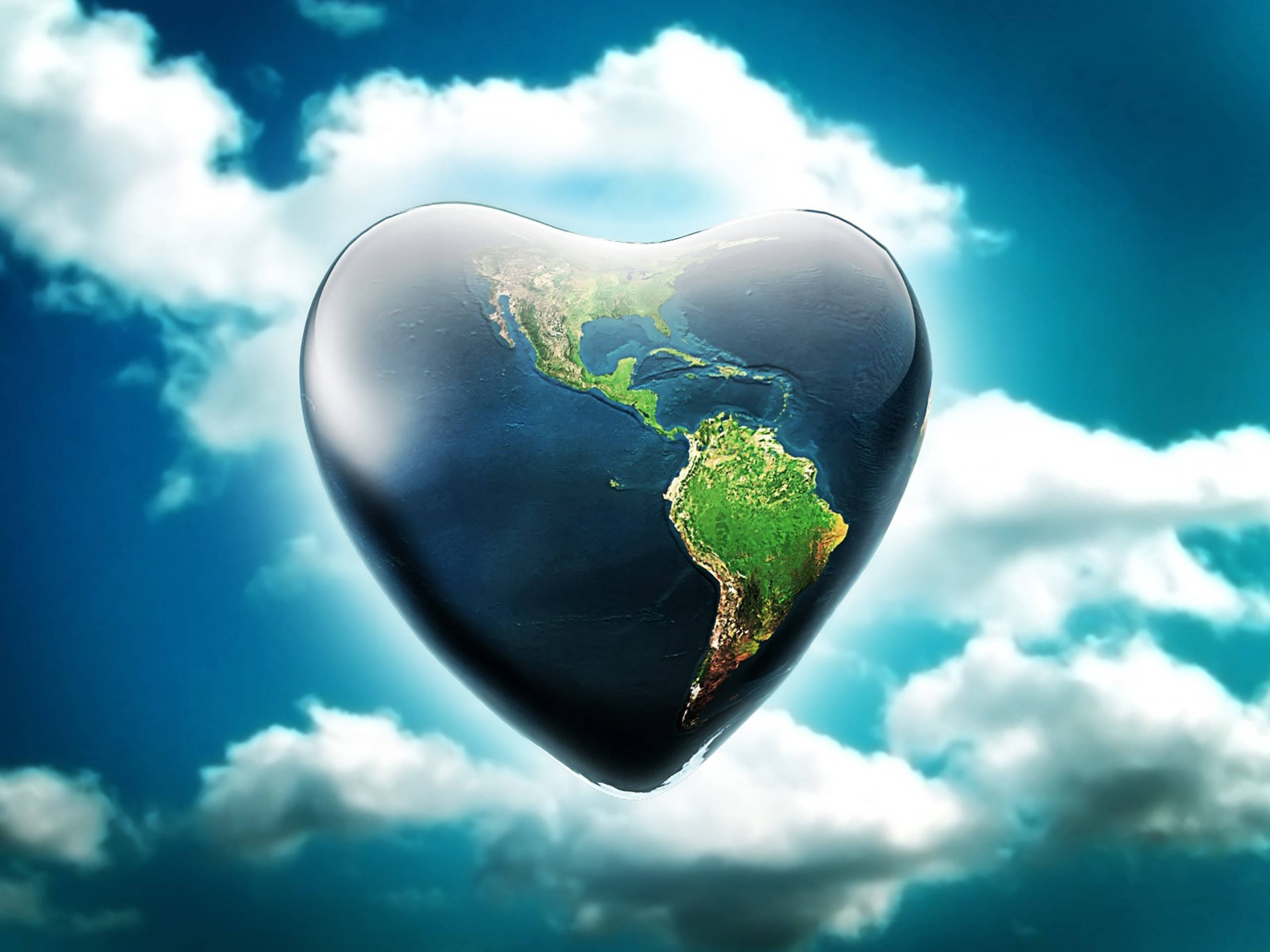 Earth Day Heart, glossy, heart-shaped Earth, 2K Desktop Wallpaper