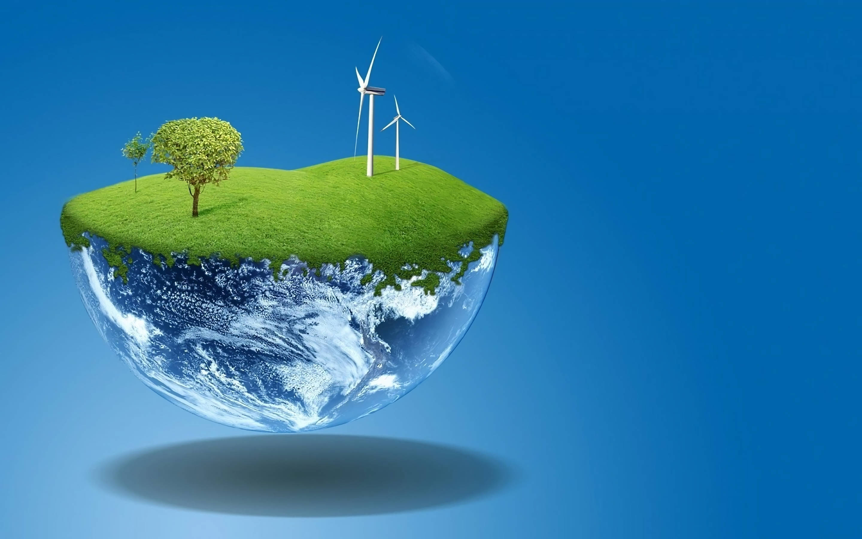 Earth Day, half-earth globe, green grass wind turbines, 2K Desktop Wallpaper