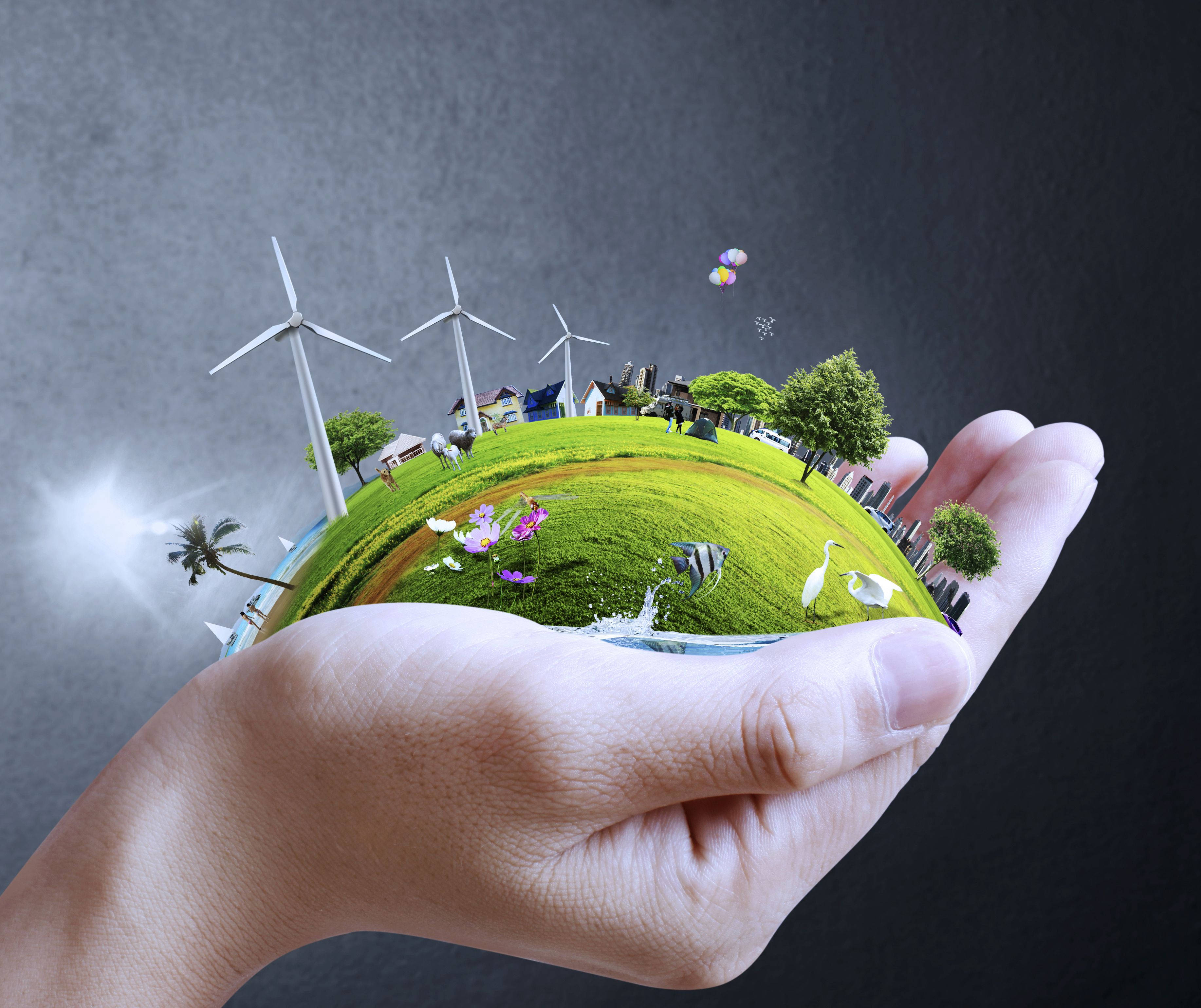 Earth Day, green fields, miniature globe, 2K Desktop Wallpaper