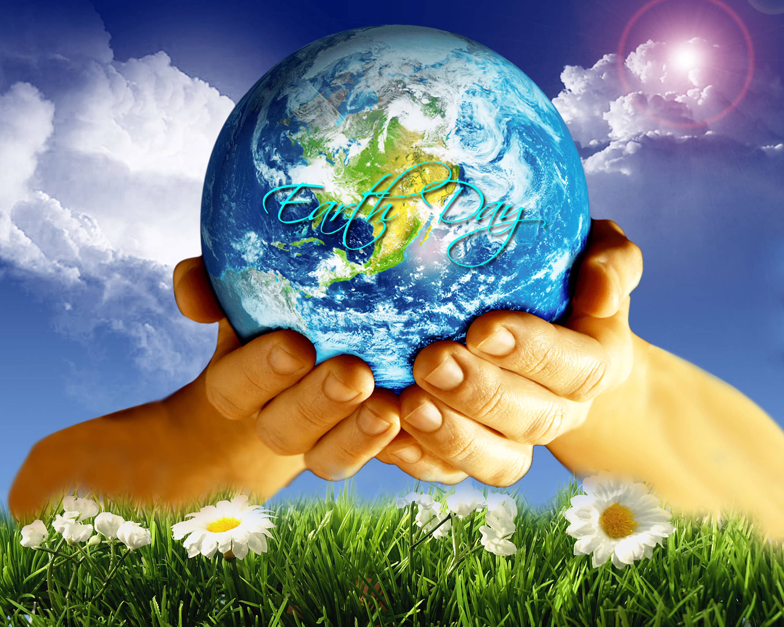 Earth Day, globe, flower field, 2K Desktop Wallpaper