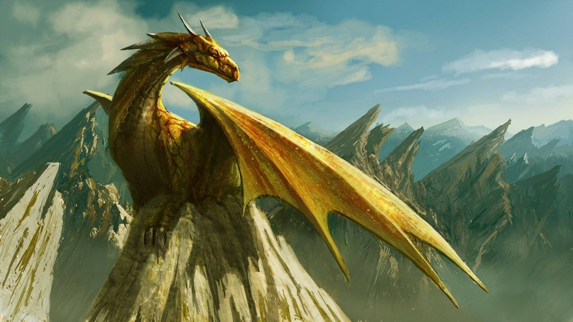 Yellow Earth Dragon, mountains, golden dragon, Full HD Desktop Wallpaper