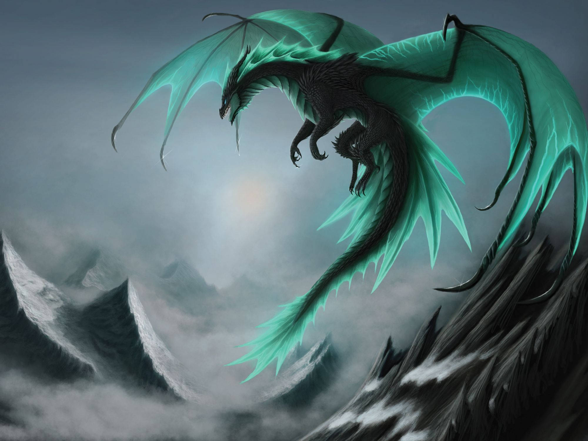 Black Green Earth Dragon, glowing teal wings, snow-capped mountains, Full HD Desktop Wallpaper