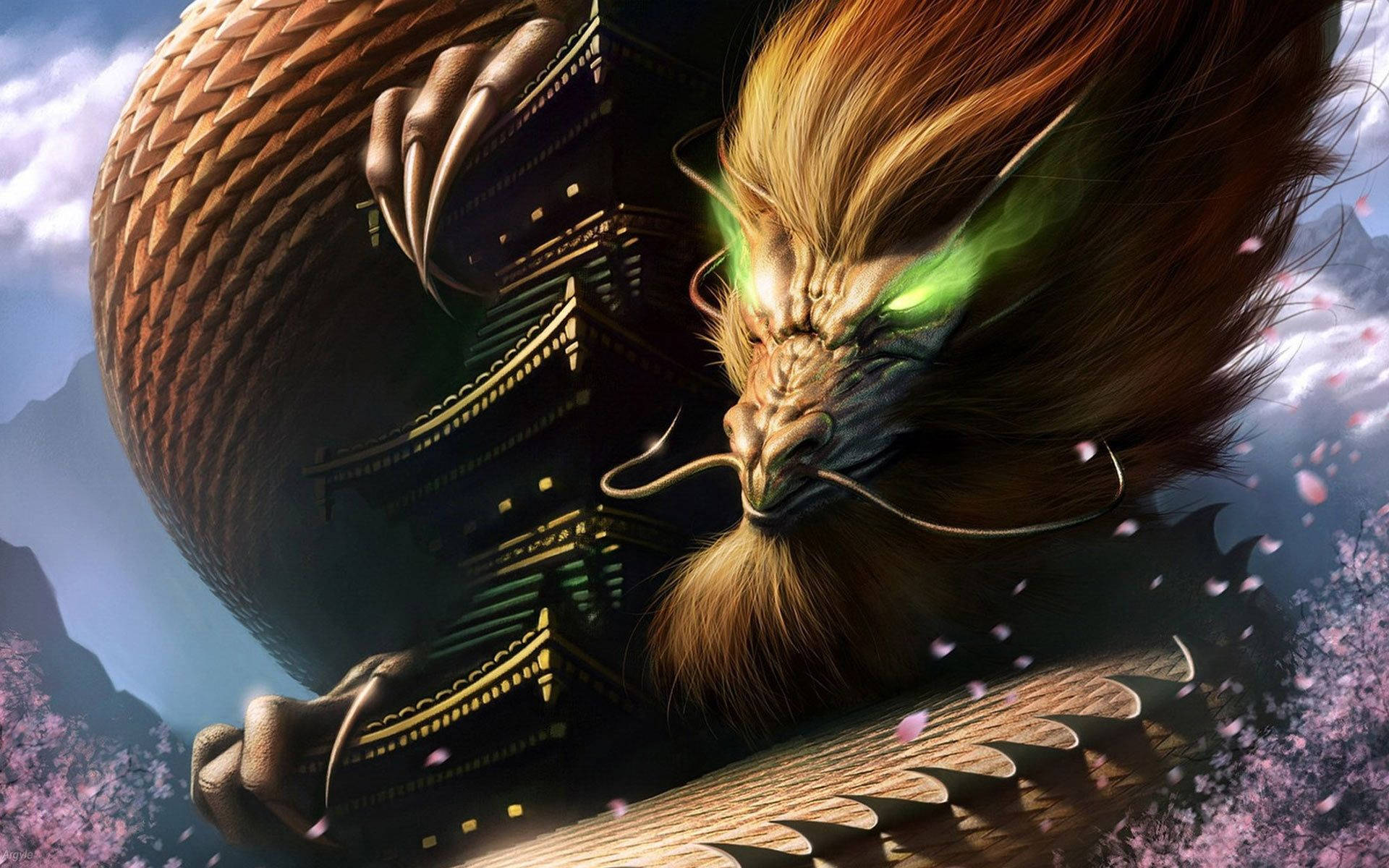 Earth Dragon, glowing green eyes, traditional Japanese pagoda, Full HD Desktop Wallpaper