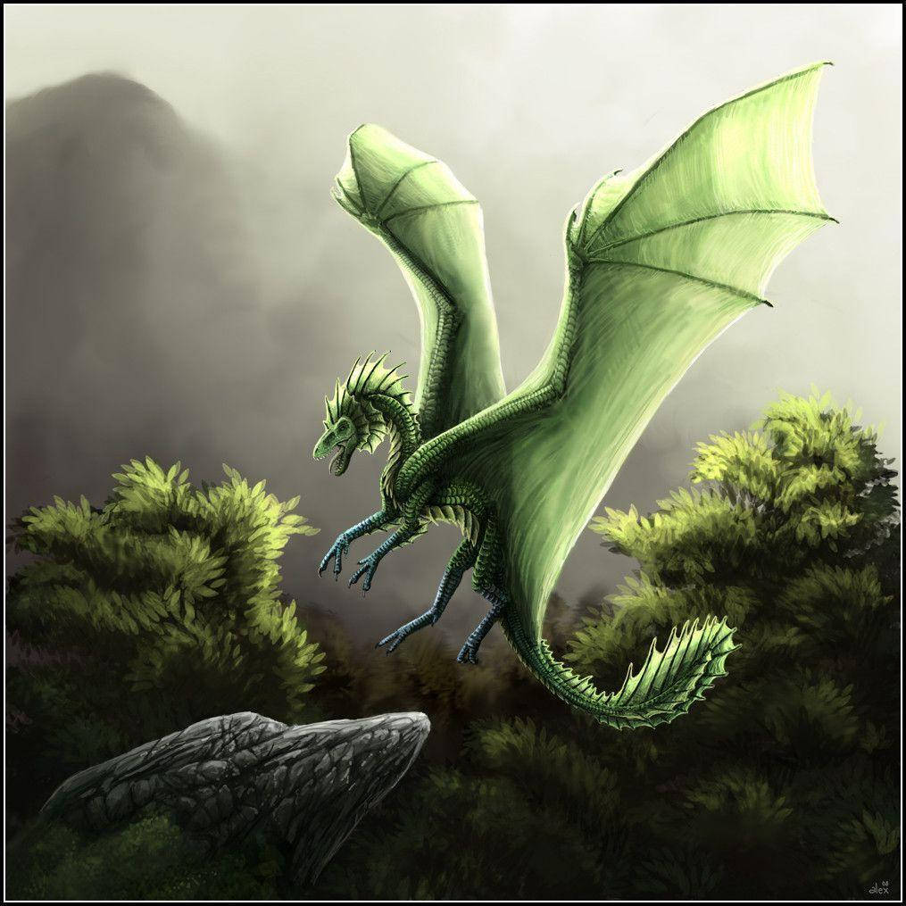 Green Flying Earth Dragon, vibrant green, membranous wings, SD Desktop Wallpaper
