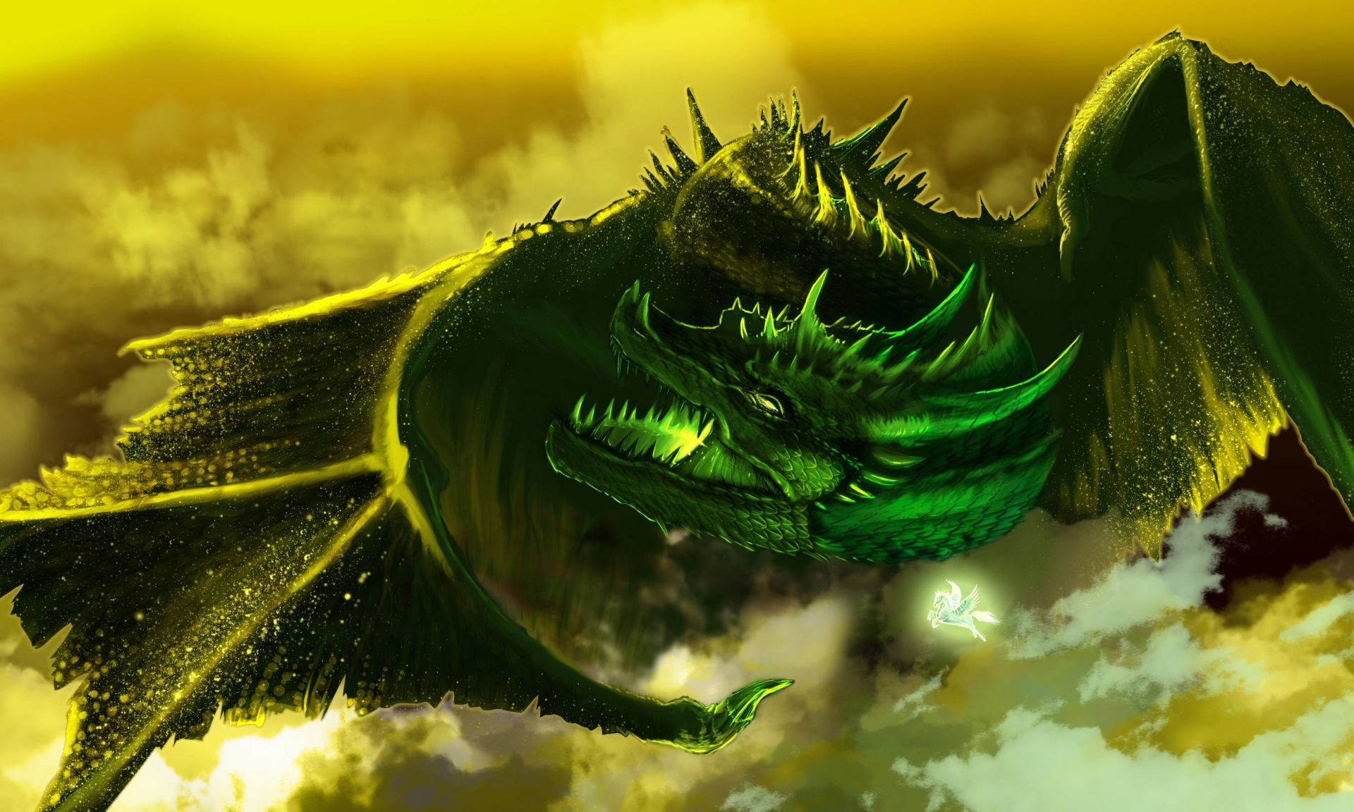Green Earth Dragon, spiked wings, golden-yellow sky, Full HD Desktop Wallpaper