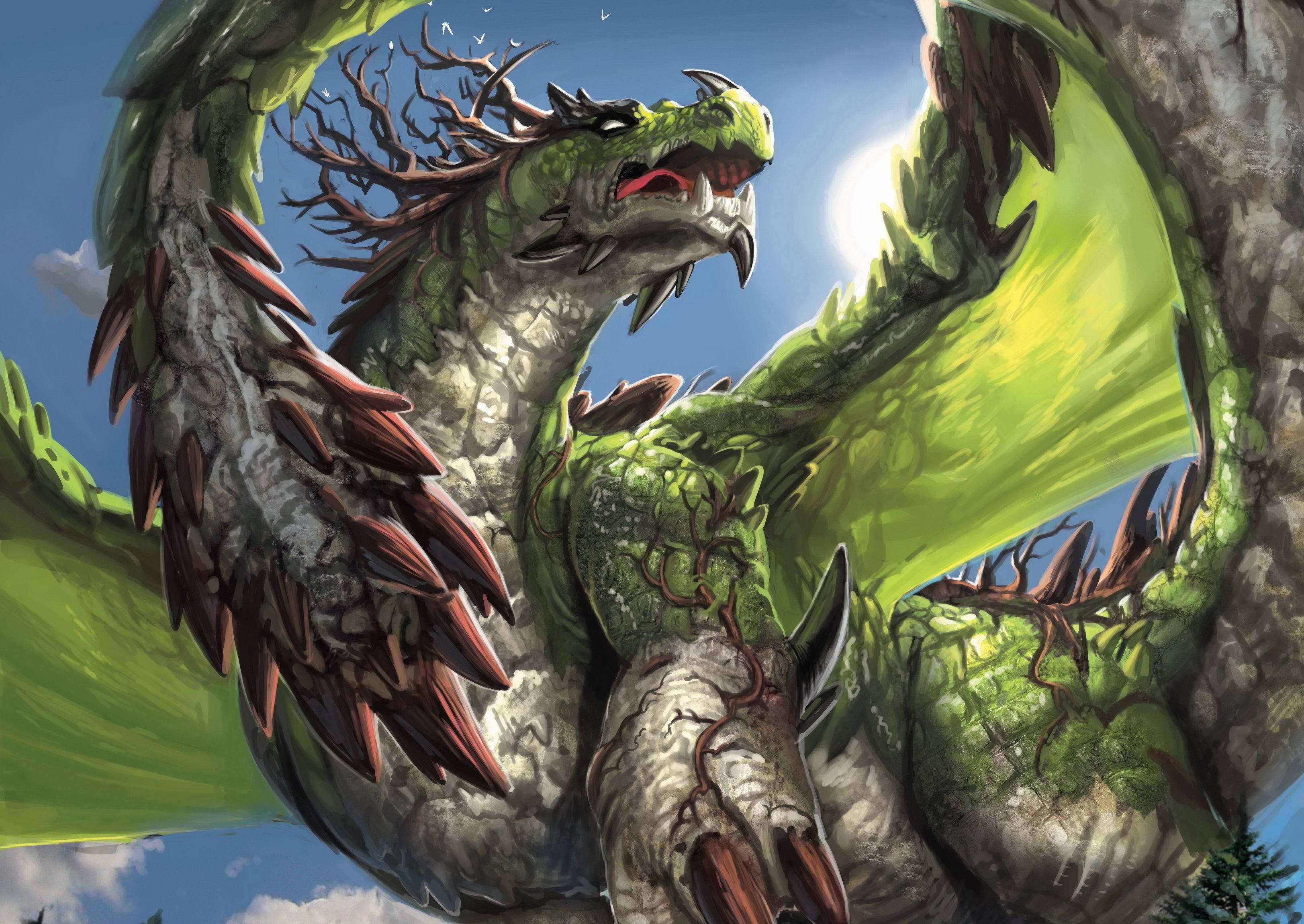 light green silver earth dragon, colossal green dragon, mossy scales, 2K Desktop Wallpaper