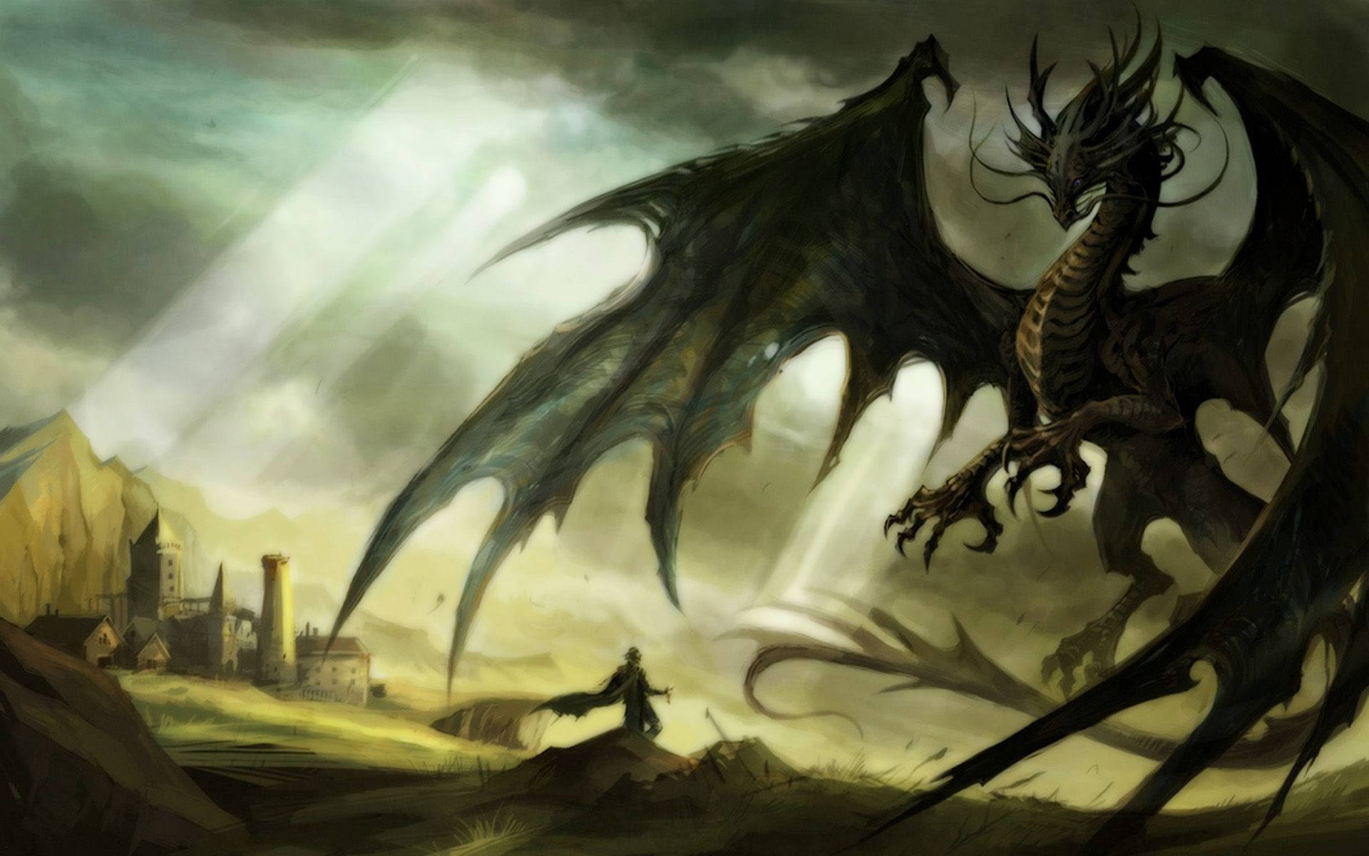 Earth Dragon, massive black dragon, misty medieval village, Full HD Desktop Wallpaper
