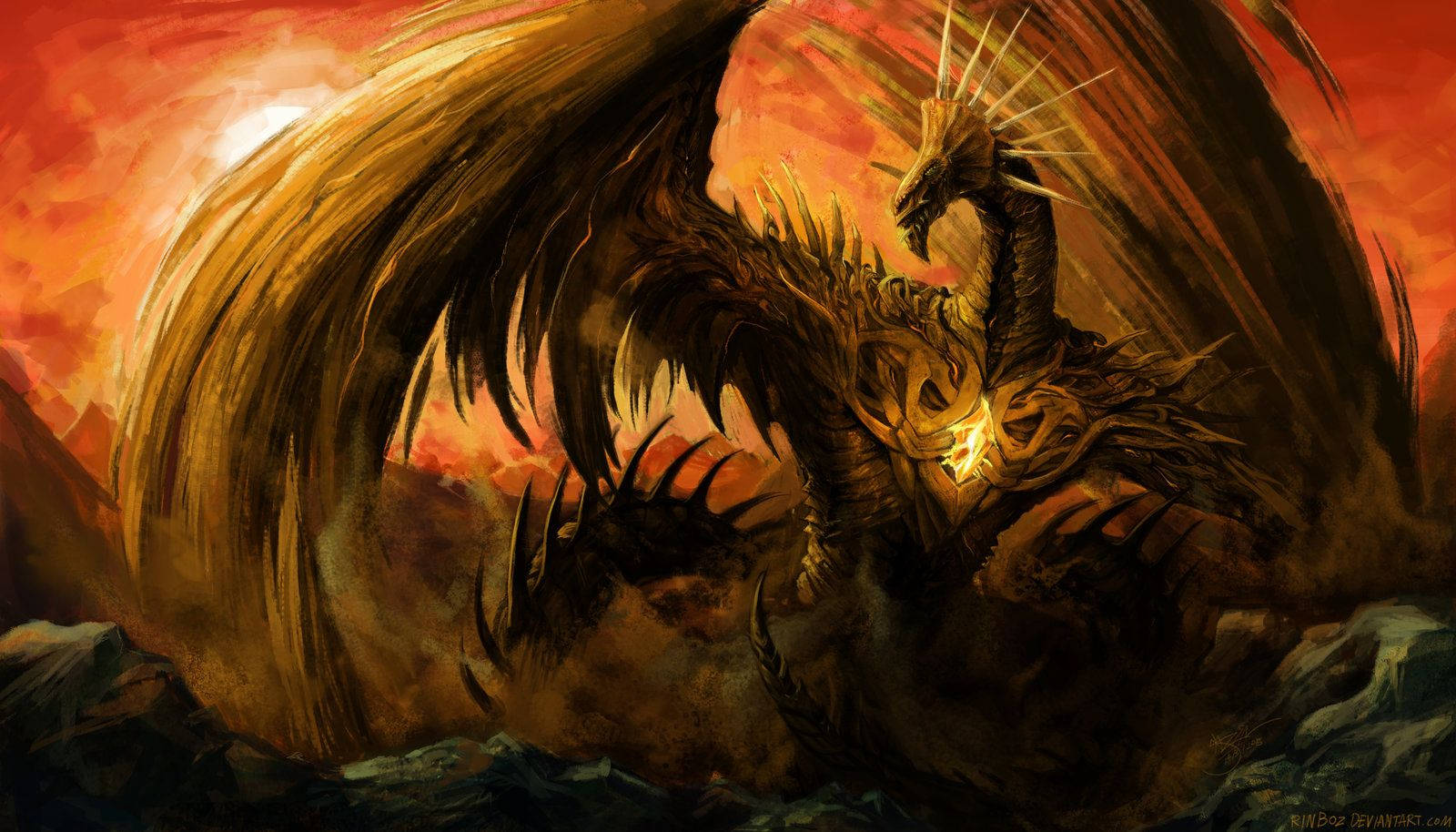 Brown Earth Dragon, crown, glowing eyes, HD Desktop Wallpaper