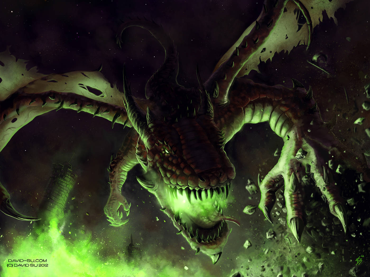 Neon Green Earth Dragon, glowing green eyes, fiery green energy, HD Desktop Wallpaper