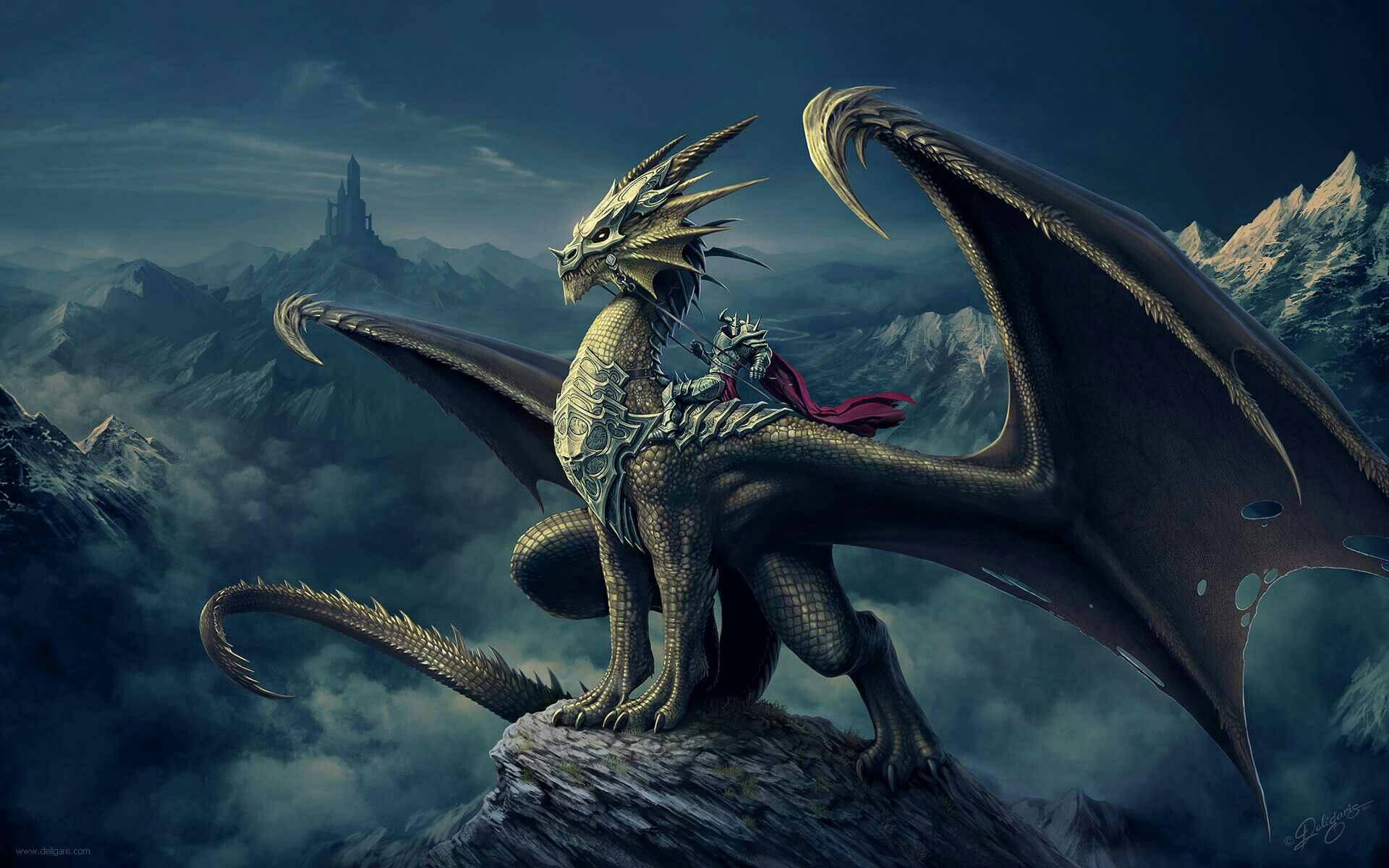 Earth Dragon, golden dragon, snowy mountain peak, Full HD Desktop Wallpaper