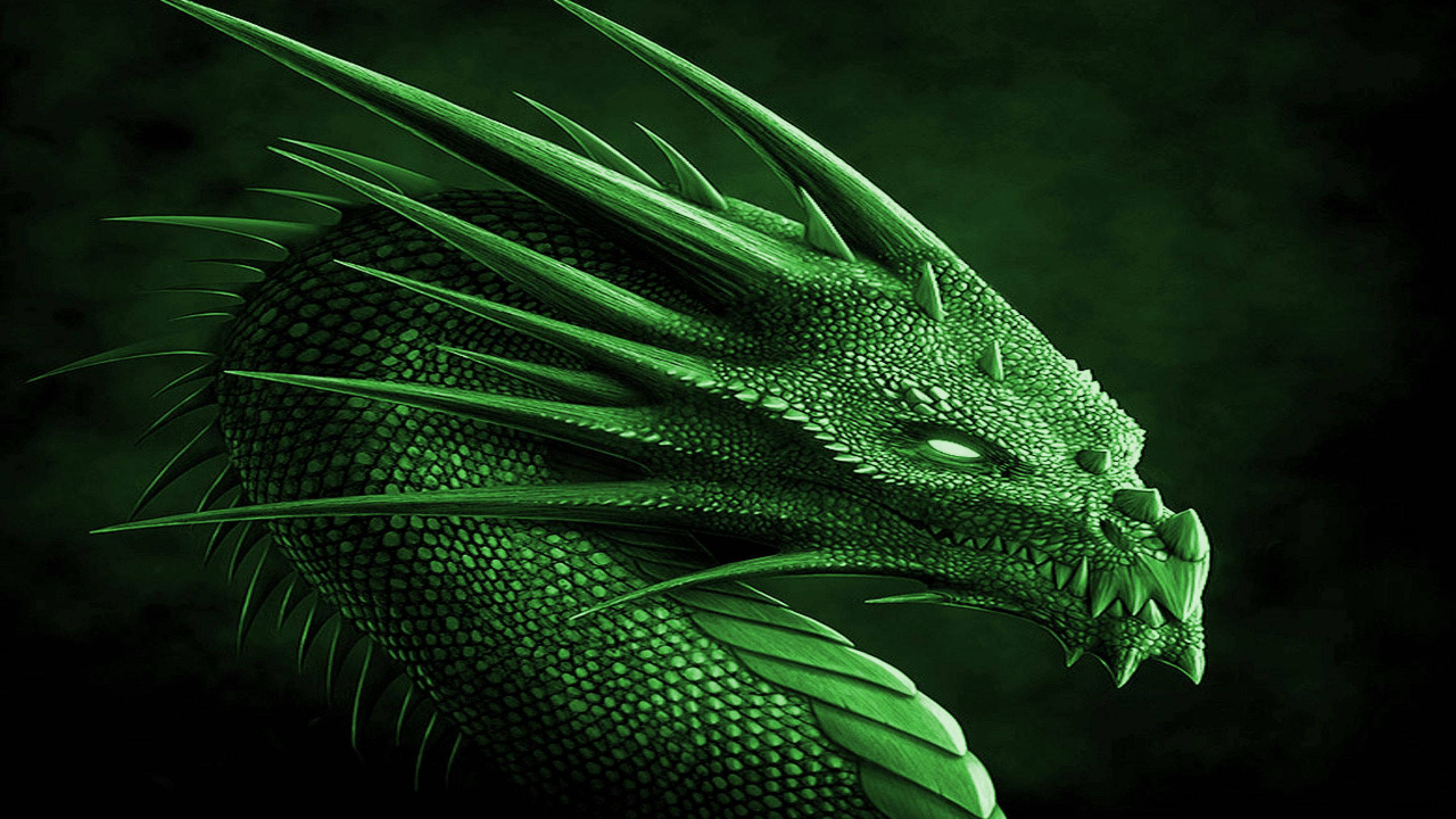 vibrant green earth dragon, spiked scales, glowing eyes, 2K Desktop Wallpaper