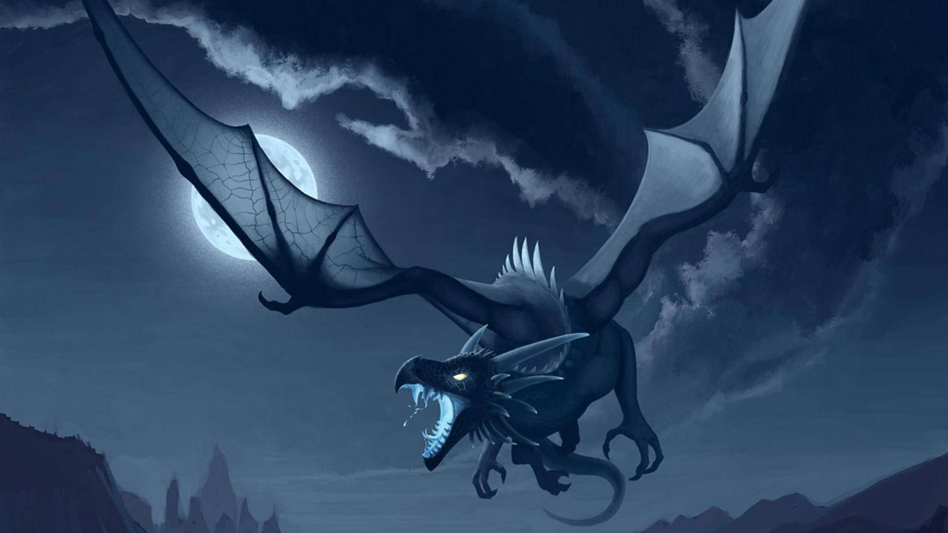 Flying Black Earth Dragon, full moon, glowing eyes, Full HD Desktop Wallpaper