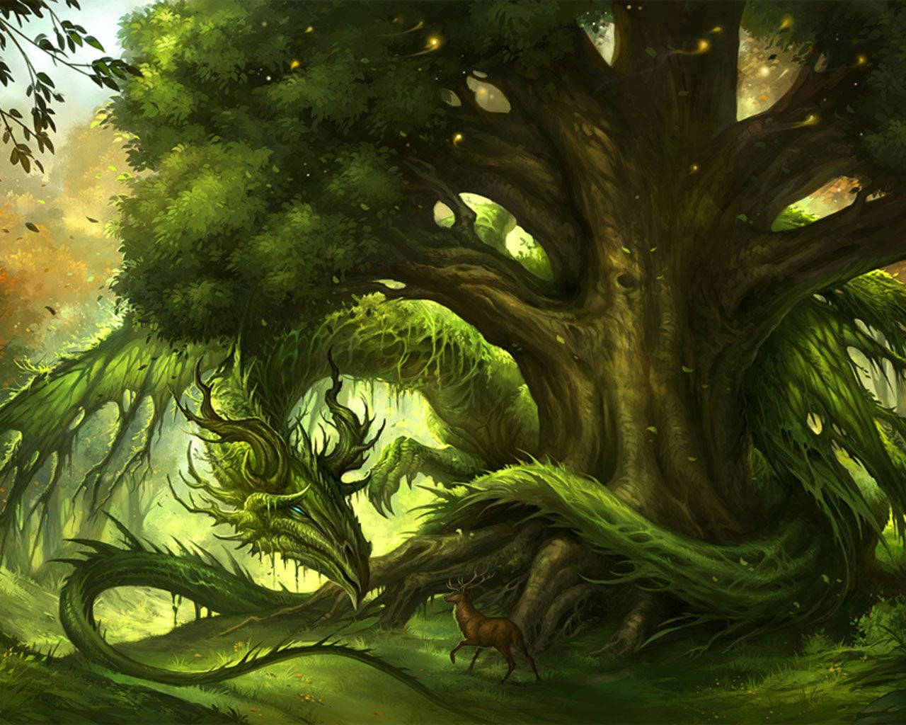 Green Earth Dragon, ancient tree, glowing moss, HD Desktop Wallpaper