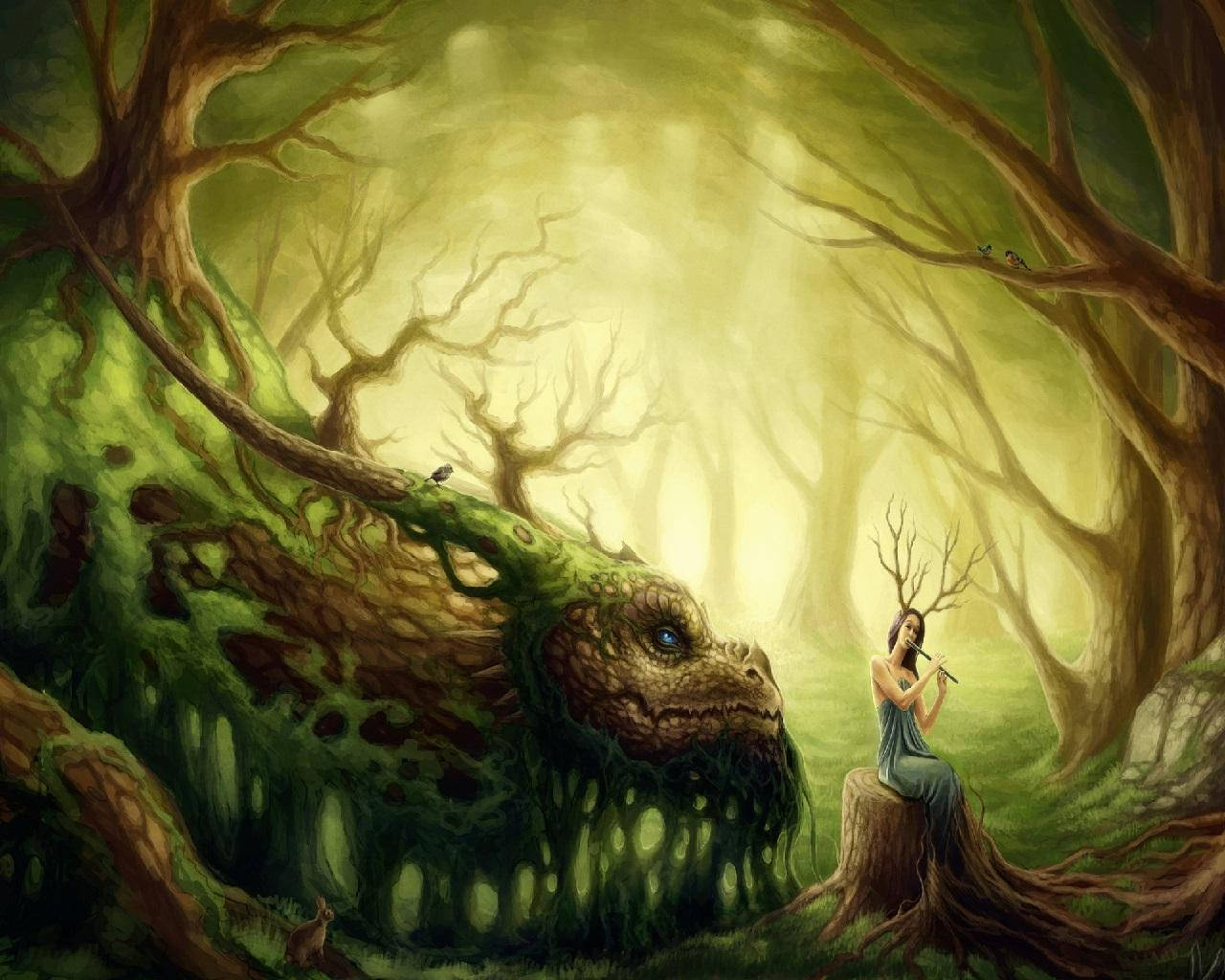 Earth Dragon Tree, musician fairy, colossal moss-covered tree dragon, HD Desktop Wallpaper