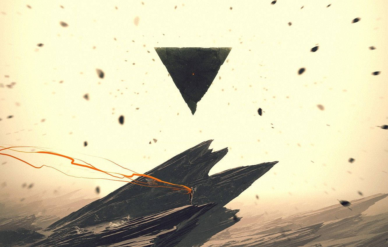 dark triangular spaceship, jagged landscape, orange energy trails, HD Desktop Wallpaper