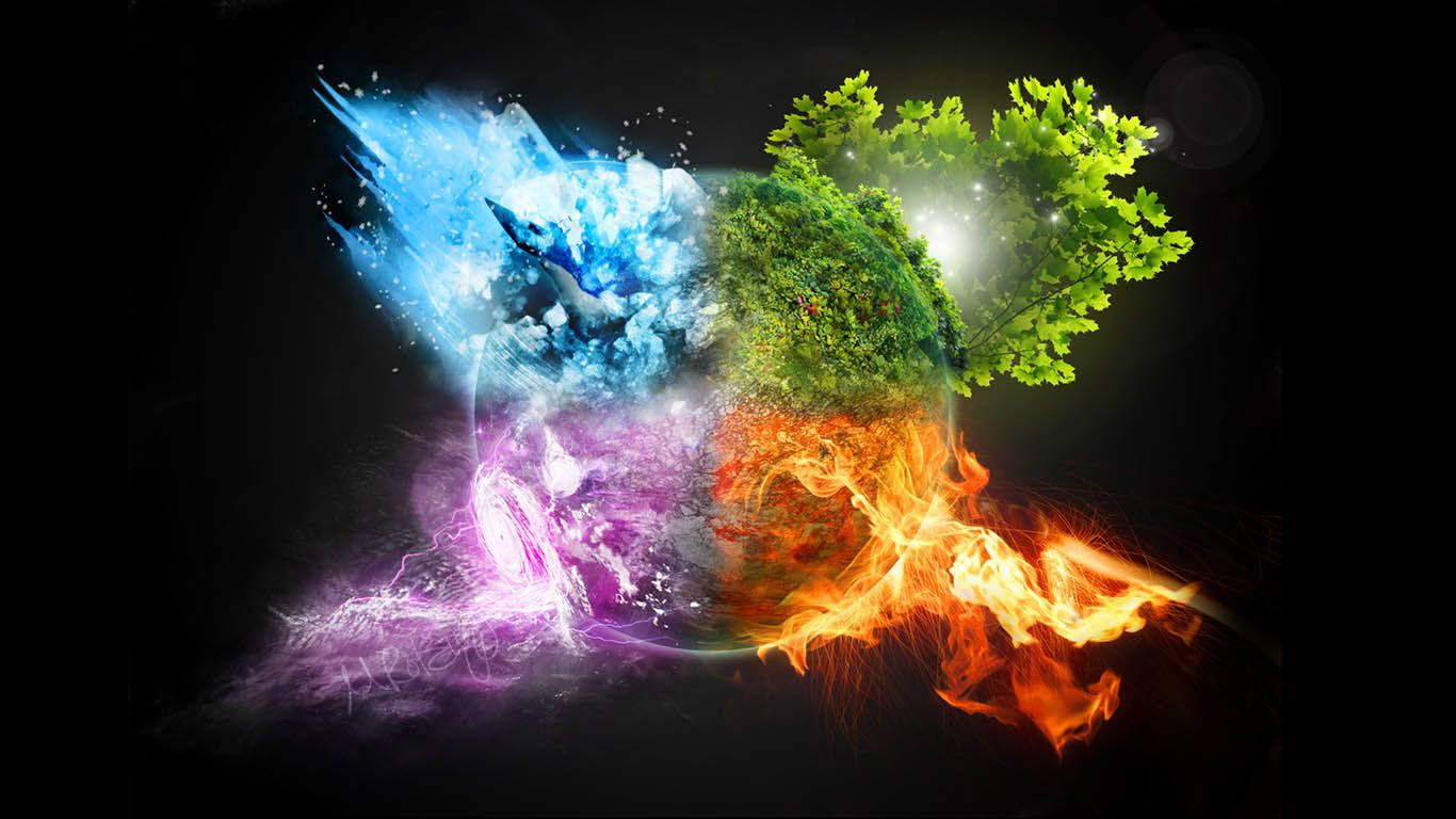 3d earth element, glowing sphere, ice water lightning earth fire plant life, HD Desktop Wallpaper