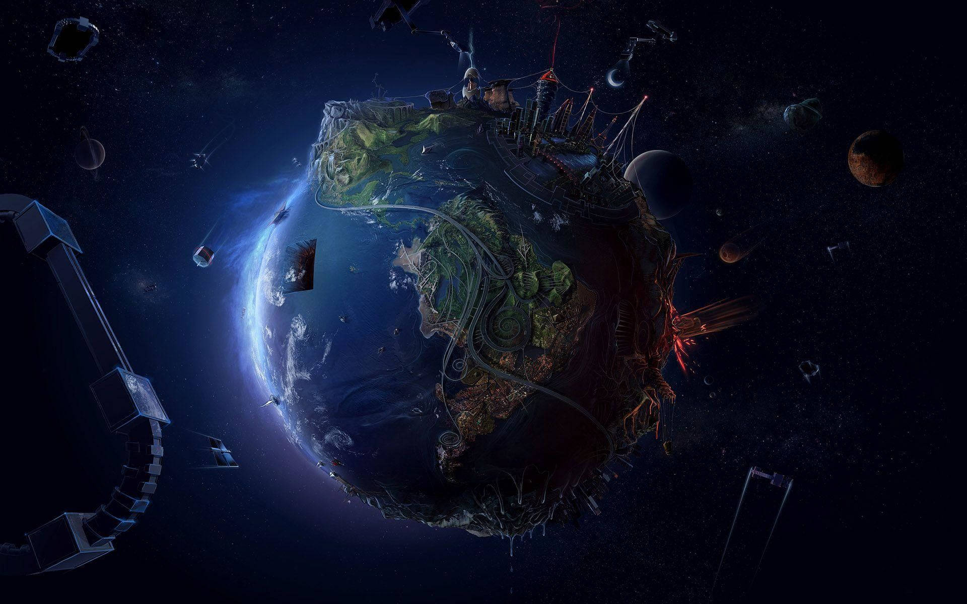 futuristic planet, glowing green cities, floating structures, Full HD Desktop Wallpaper