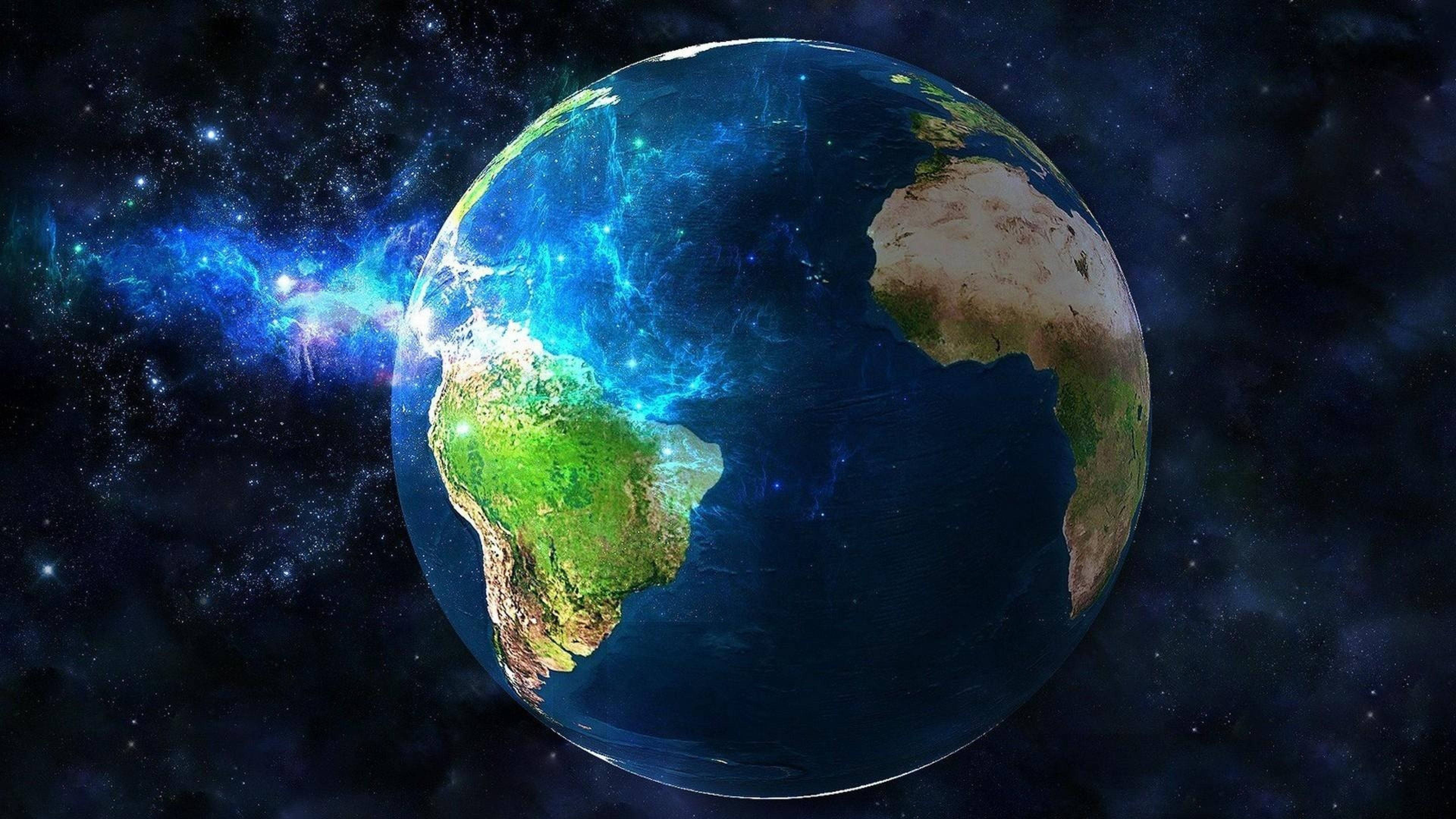 Earth, vibrant blue, glowing auroras, 4K Desktop Wallpaper